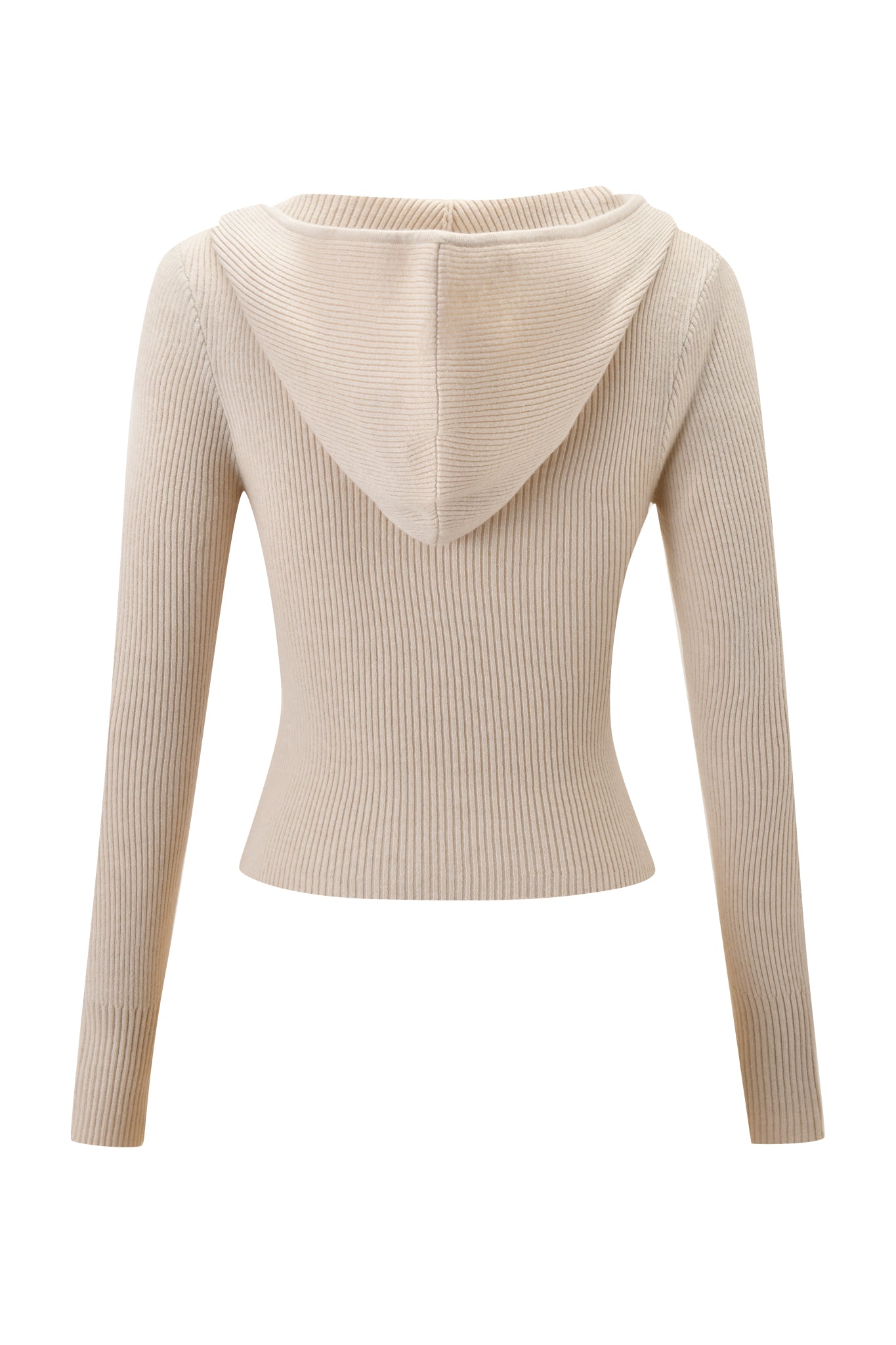 The BLARE KNIT HOODIE - CREAM by I.AM.GIA is a beige ribbed, long-sleeve hoodie shown from the back, featuring a fitted silhouette, cozy fully fashioned knit, and a hood.