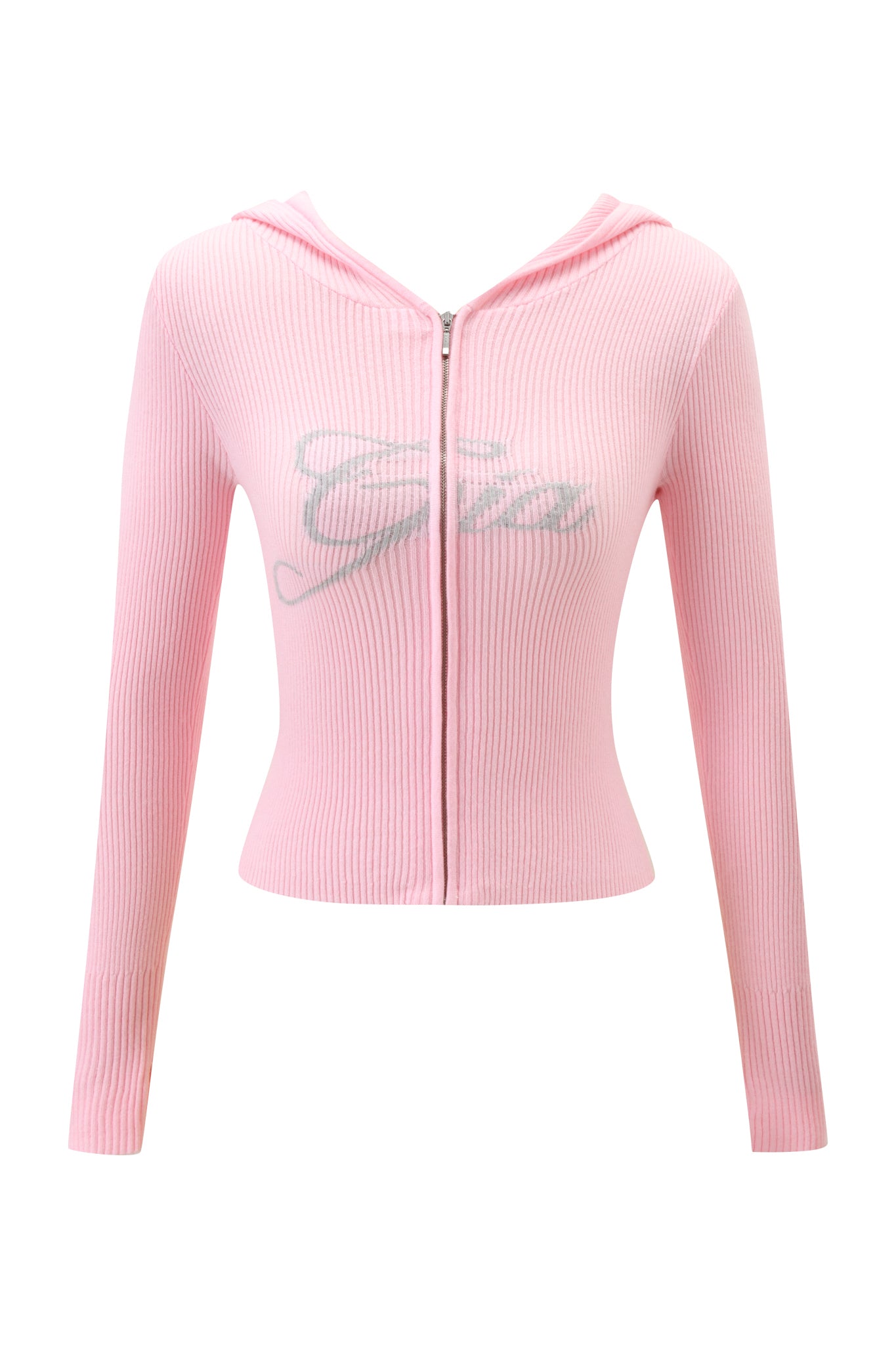 The BLARE KNIT HOODIE - PINK by I.AM.GIA features a light pink ribbed knit, long sleeves, fitted waist, and "Guess" in silver script across the chest.