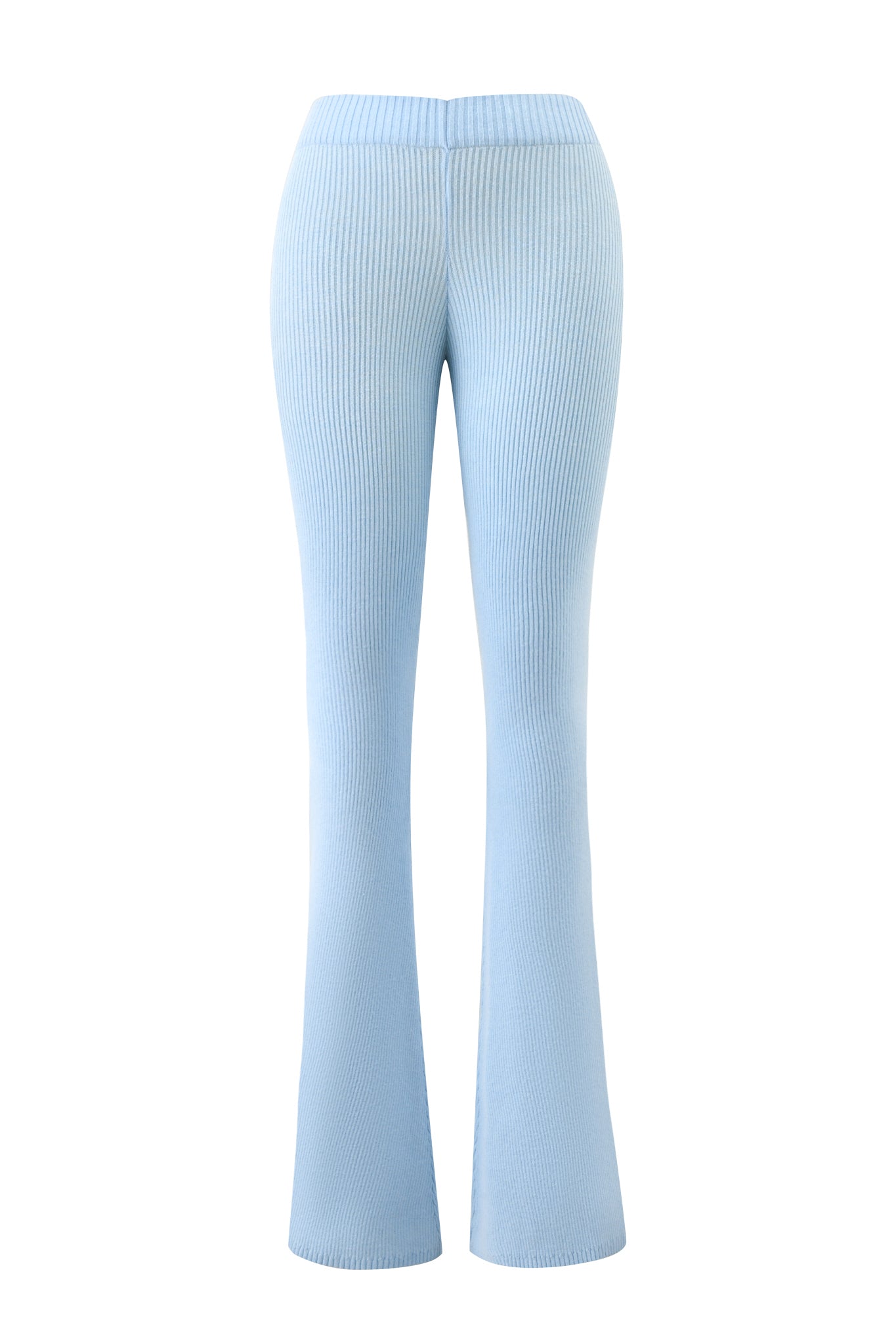 The BLARE KNIT TRACKPANT - BLUE by I.AM.GIA features a light blue, ribbed knit design with a mid-rise elastic waistband and flare leg. Slim fit through the thighs widens below the knee. Shown on a white background.
