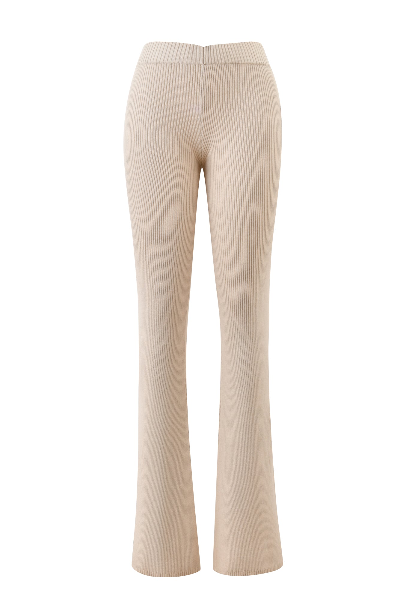 The I.AM.GIA BLARE KNIT TRACKPANT in cream features a mid-rise elastic waistband and a chic flared leg, shown against a white background.