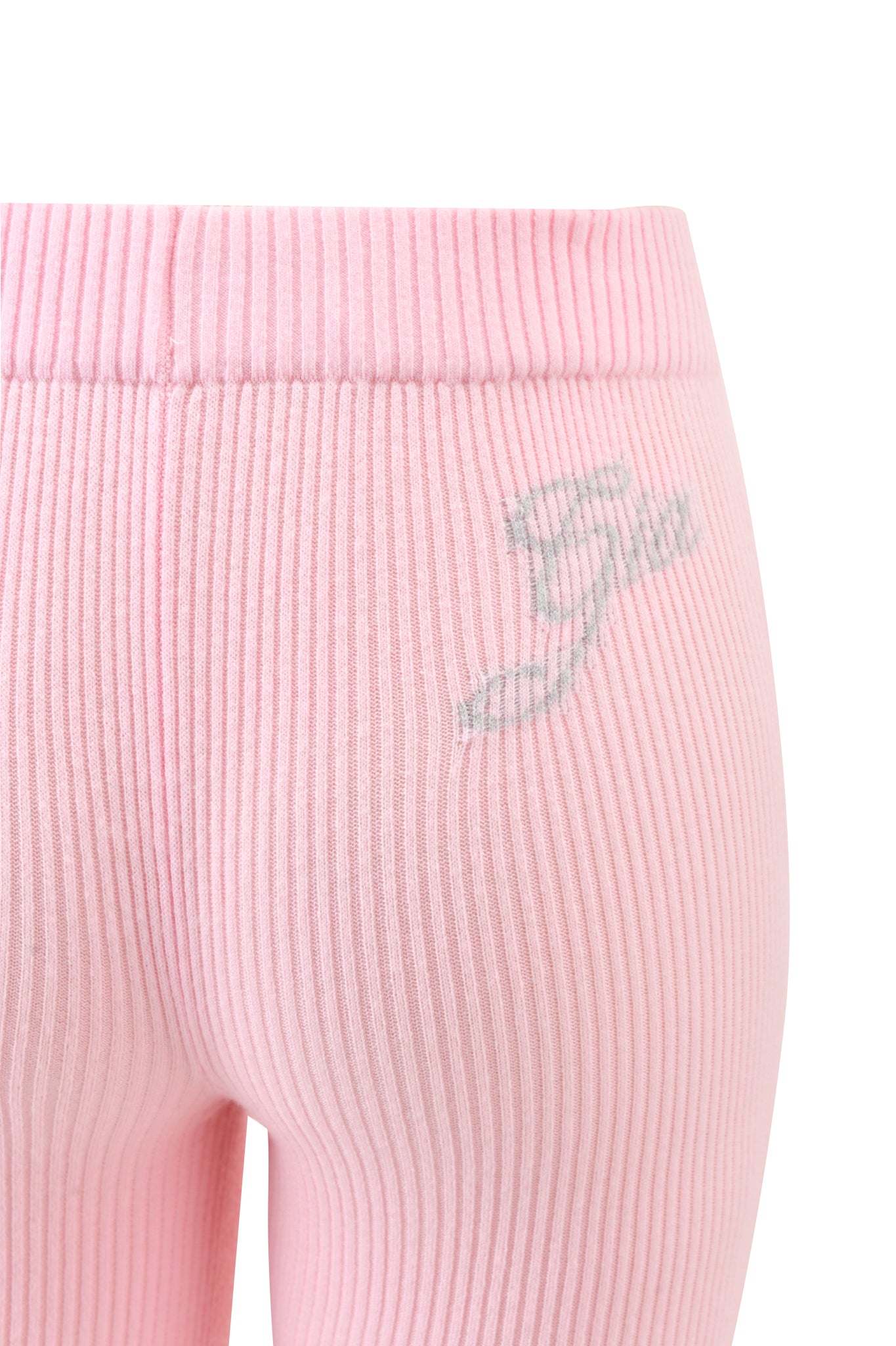 Close-up of I.AM.GIA BLARE KNIT TRACKPANT in pink, featuring a mid-rise elastic waistband, ribbed texture, flared leg opening, and a small "5" embroidered on the hip.