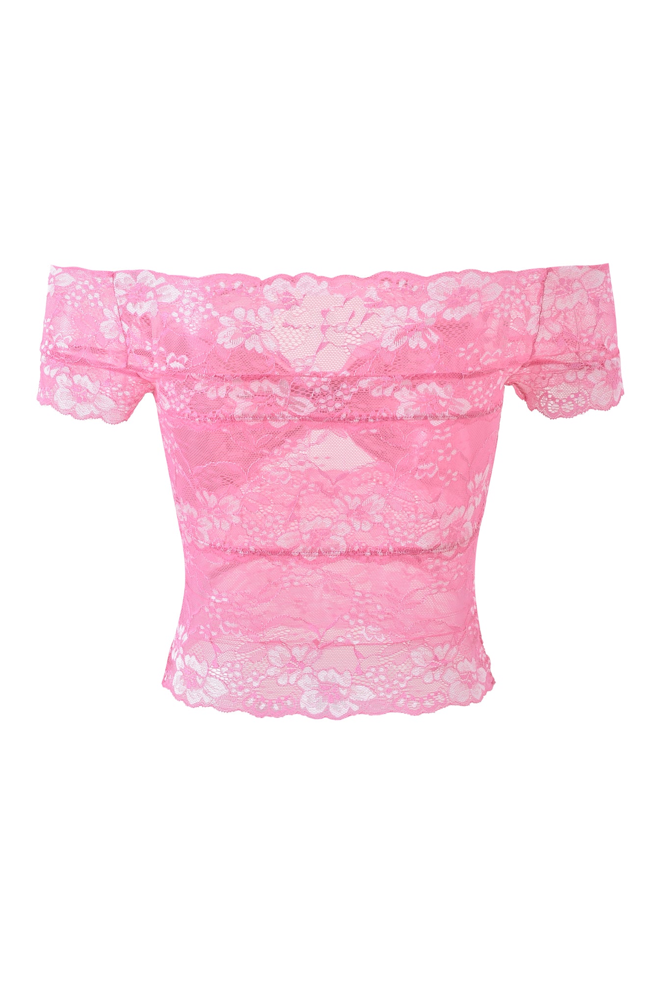 The CRYSTAL TOP - PINK by I.AM.GIA is a pink, off-shoulder crop top with short sleeves, a fitted silhouette, and an all-over floral stretch lace pattern.