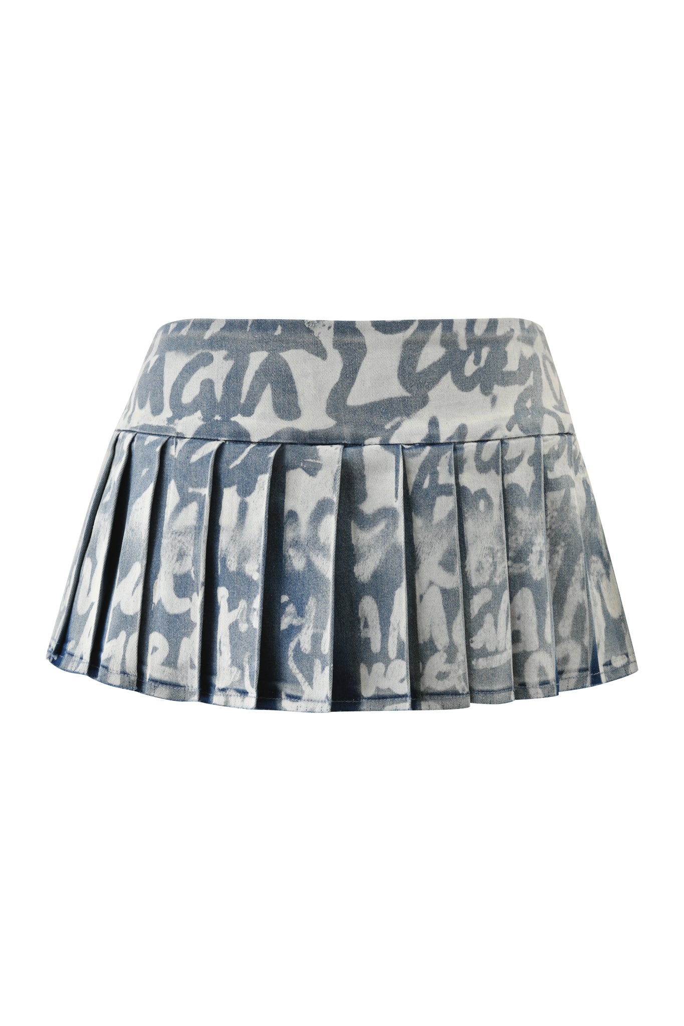 The I.AM.GIA REMINI DISTRESSED DENIM SKORT - GRAFFITI LIGHT WASH features a high waist, flared silhouette, and blue-white graffiti-inspired pattern, adding a modern edge to your casual look.