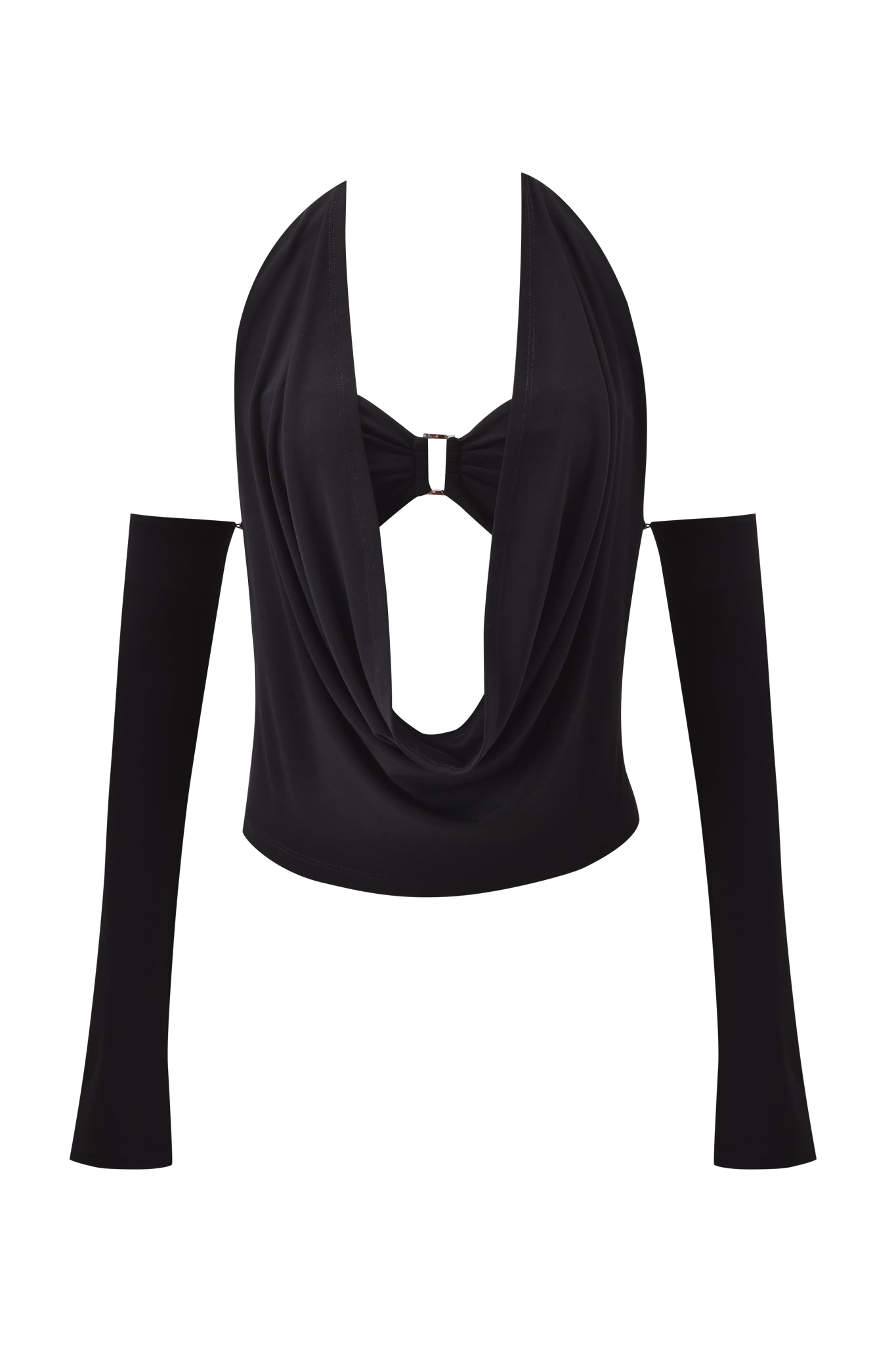 The I.AM.GIA DREW 3 PIECE TOP in black features a slinky long sleeve design with a deep draped neckline, open shoulders, detachable sleeves, and a central chest cut-out connected by a small ring.