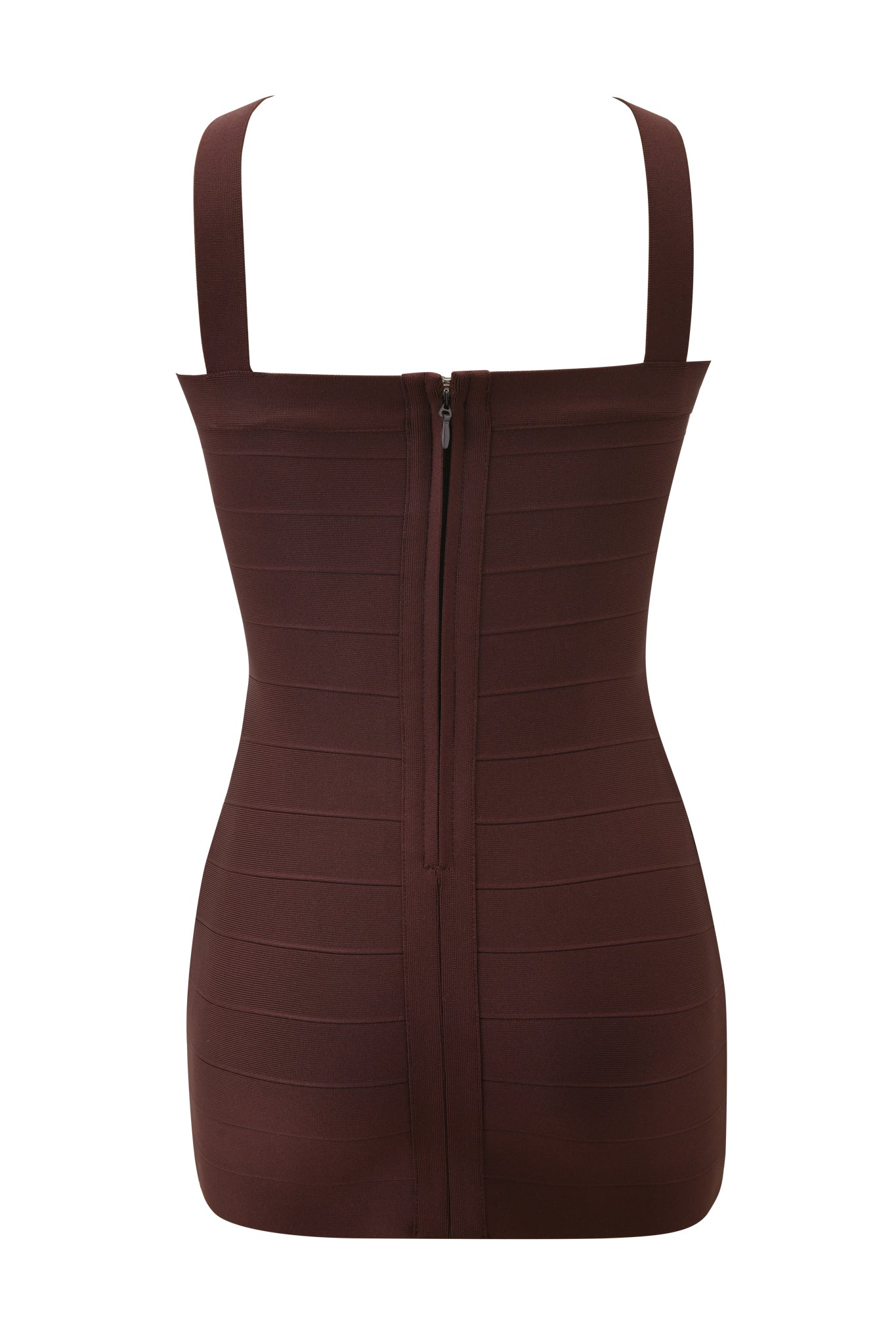 The VESPERA BANDAGE MINI DRESS by I.AM.GIA is a brown, fitted, sleeveless mini dress with wide shoulder straps and a visible back zipper, shown from the back against a white background.