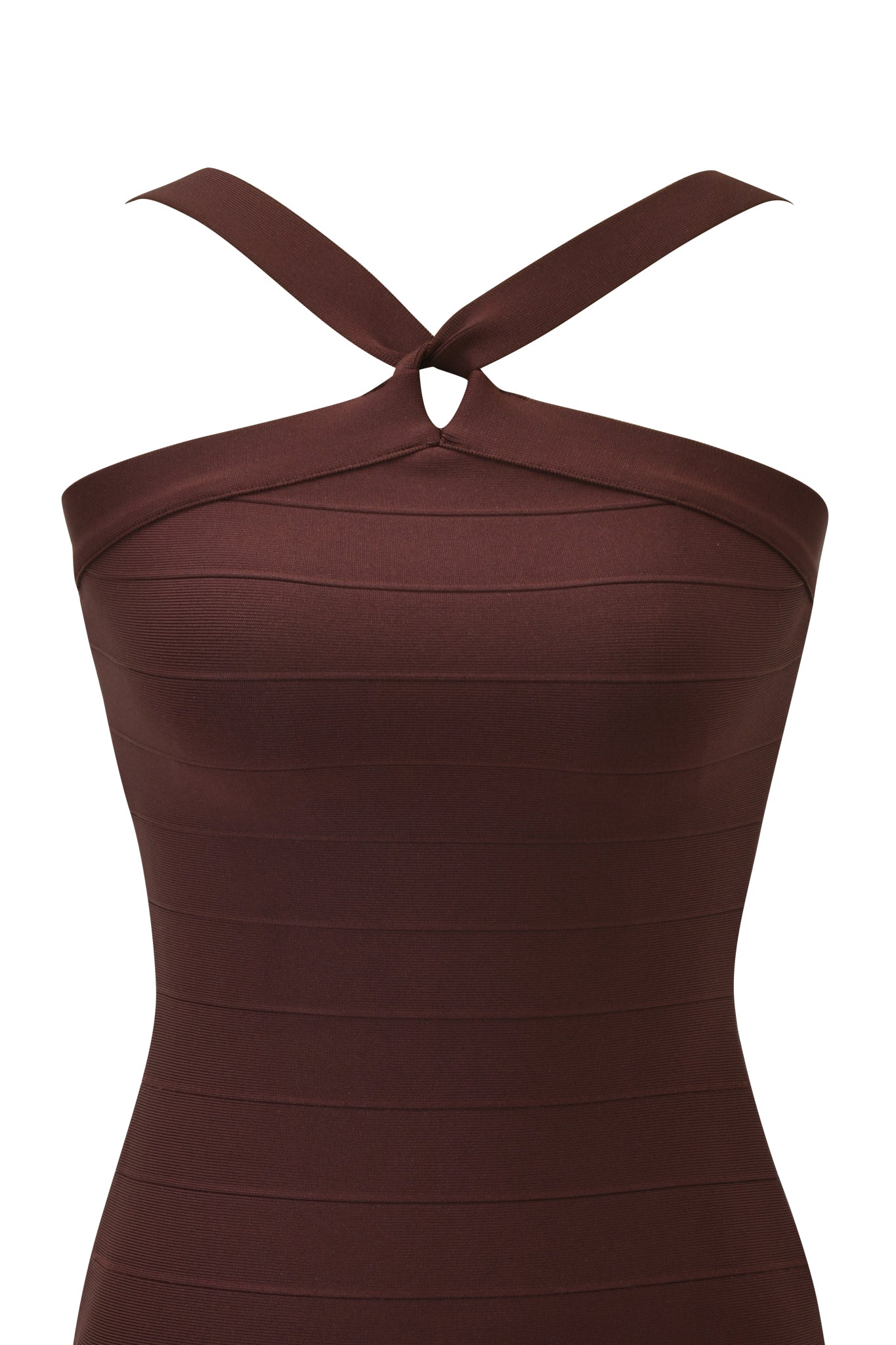 The I.AM.GIA VESPERA Bandage Mini Dress in brown features a fitted silhouette, halter neckline crossing at the front, and a small central cutout for added style.