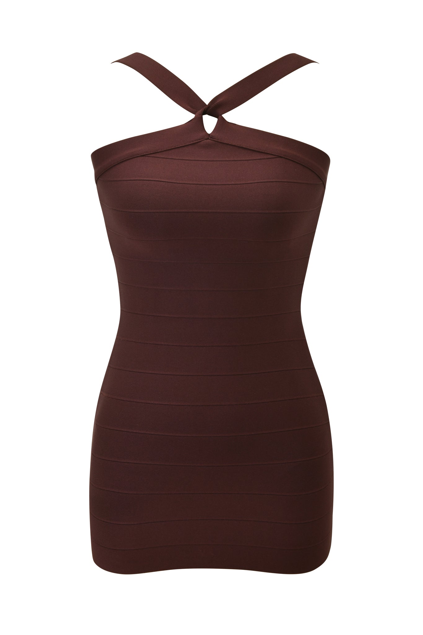 The VESPERA BANDAGE MINI DRESS by I.AM.GIA is a fitted, sleeveless dark brown bodycon mini dress with a halter neckline, cross-neck detail, and front keyhole cutout, shown on a plain white background.