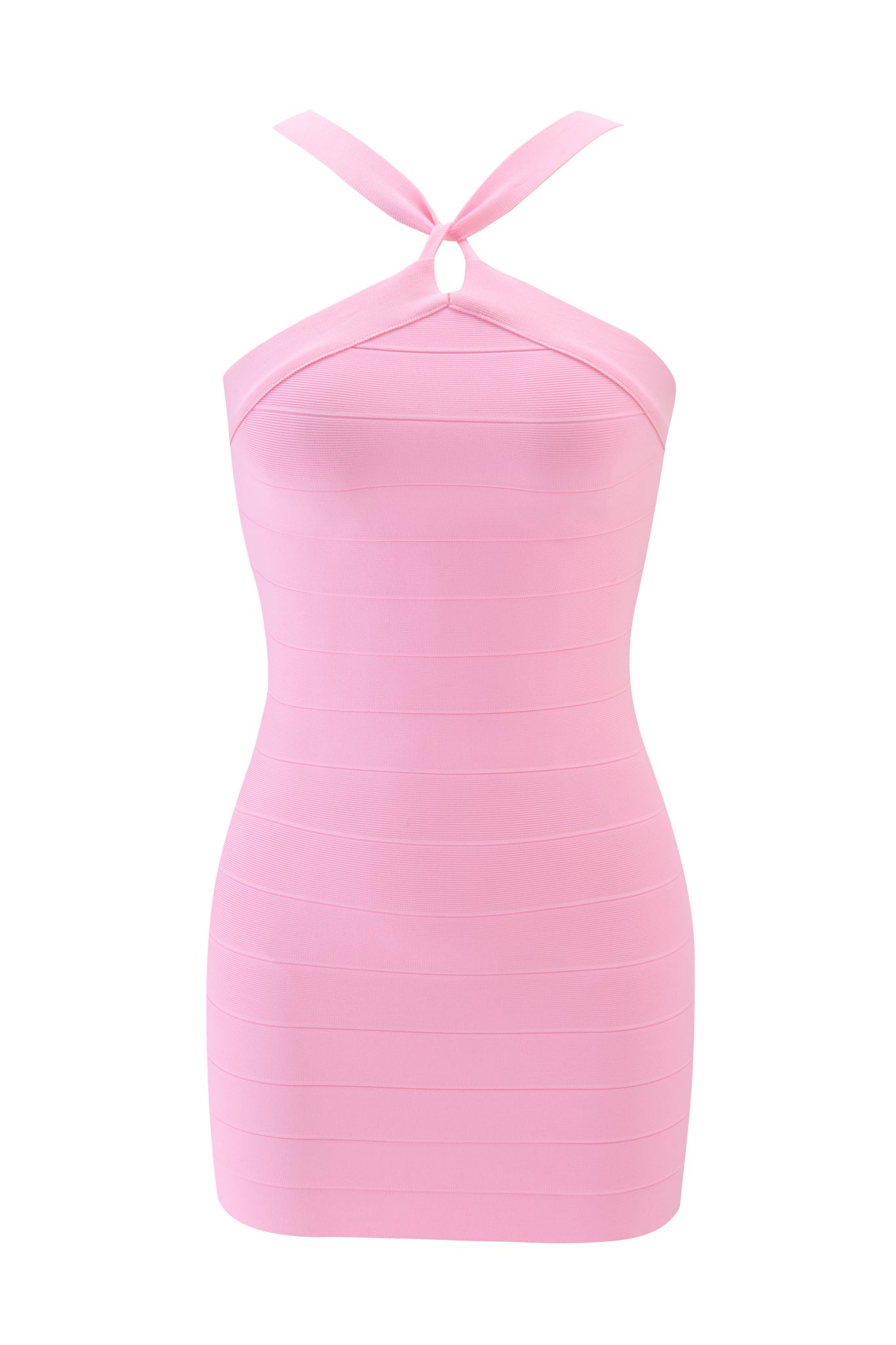 The VESPERA BANDAGE MINI DRESS by I.AM.GIA features a sleeveless baby pink design with a halter strap neckline, front keyhole detail, fitted bodycon silhouette, and horizontal ribbed panels.