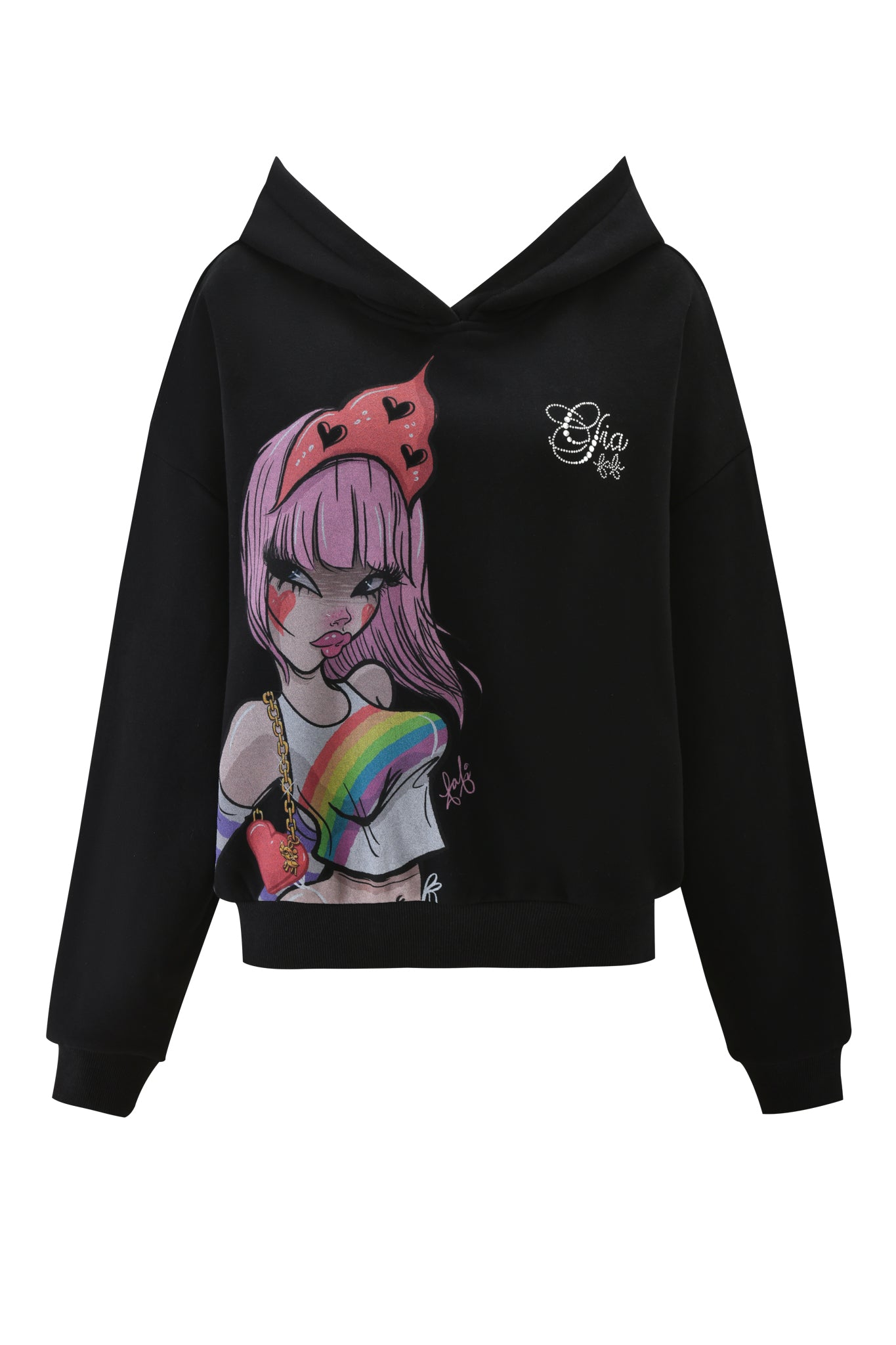 The FAFI HOODIE - BLACK by I.AM.GIA features an anime-style girl with pink hair, red bow, rainbow on chest, cursive "Ojia" text, and a small white flower. Part of the exclusive FAFI collaboration.