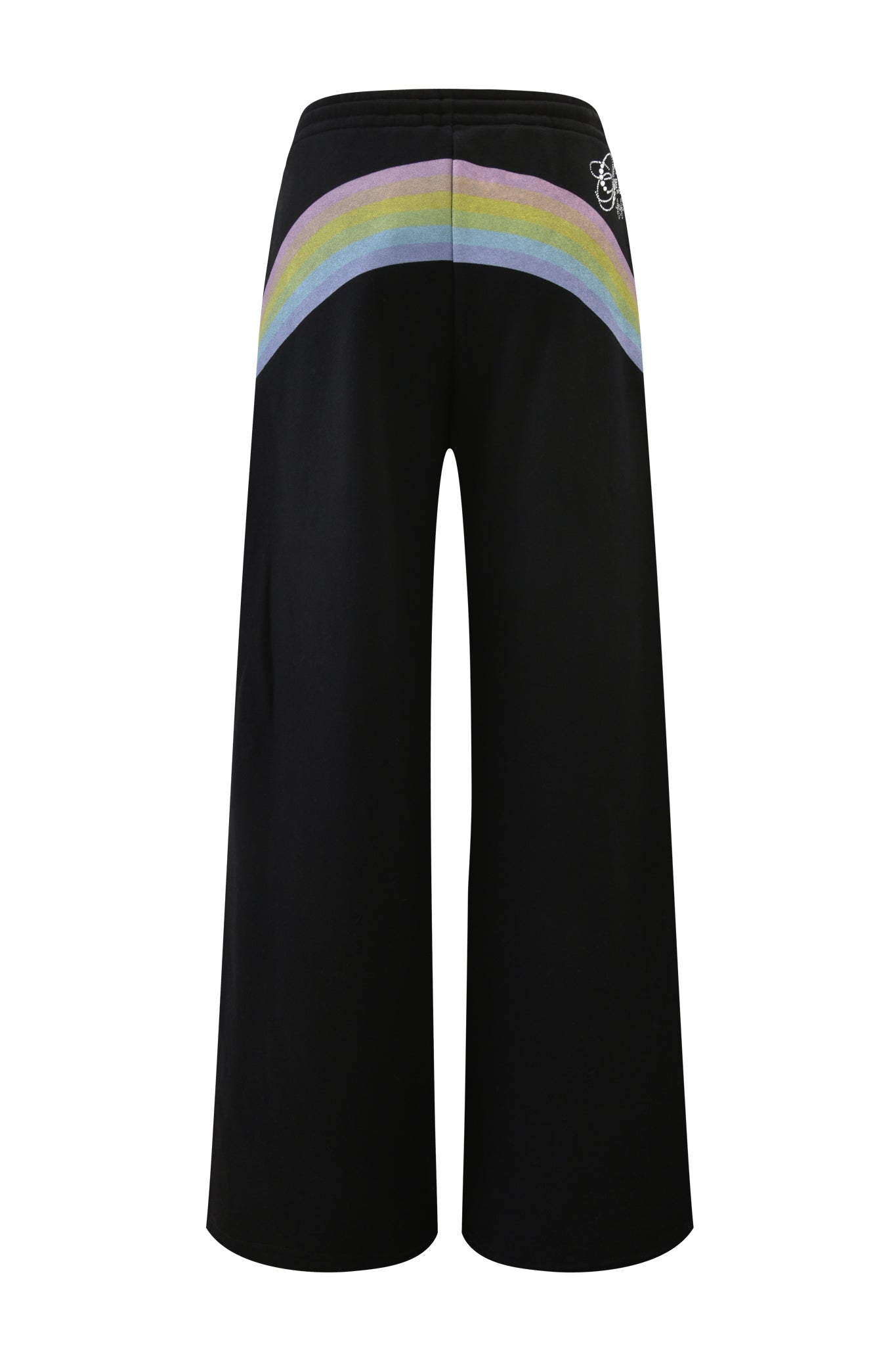 The I.AM.GIA FAFI TRACKPANT - BLACK features a pastel rainbow arc in green, yellow, purple, and blue across the back plus a small white embroidered design near the right waistband.