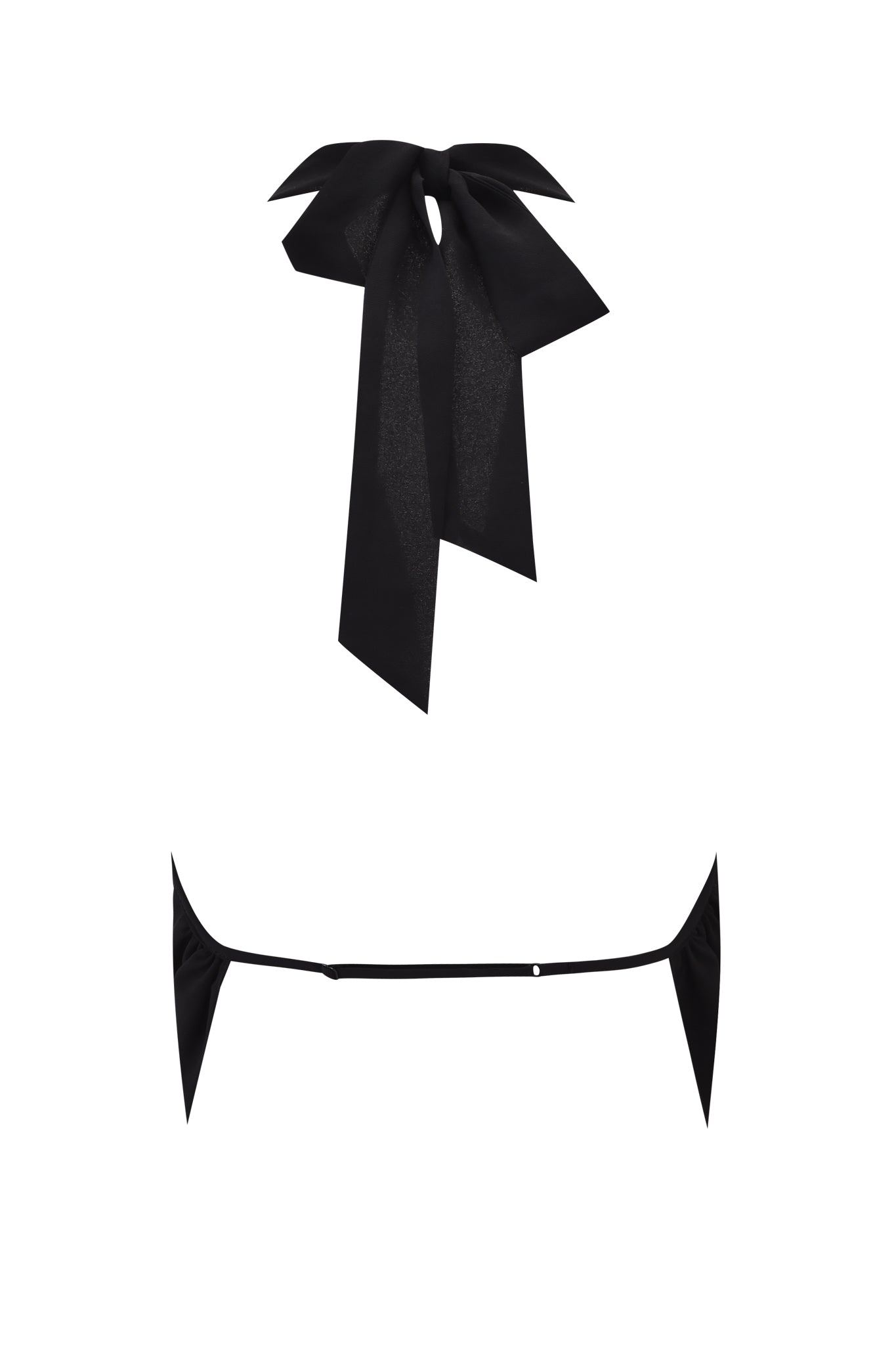 The GRAYSON TOP - BLACK by I.AM.GIA features a large black bow with long tails above a minimalist thong design, showcasing pointed ends, thin waistband, and asymmetrical hemline, all set against a white background.