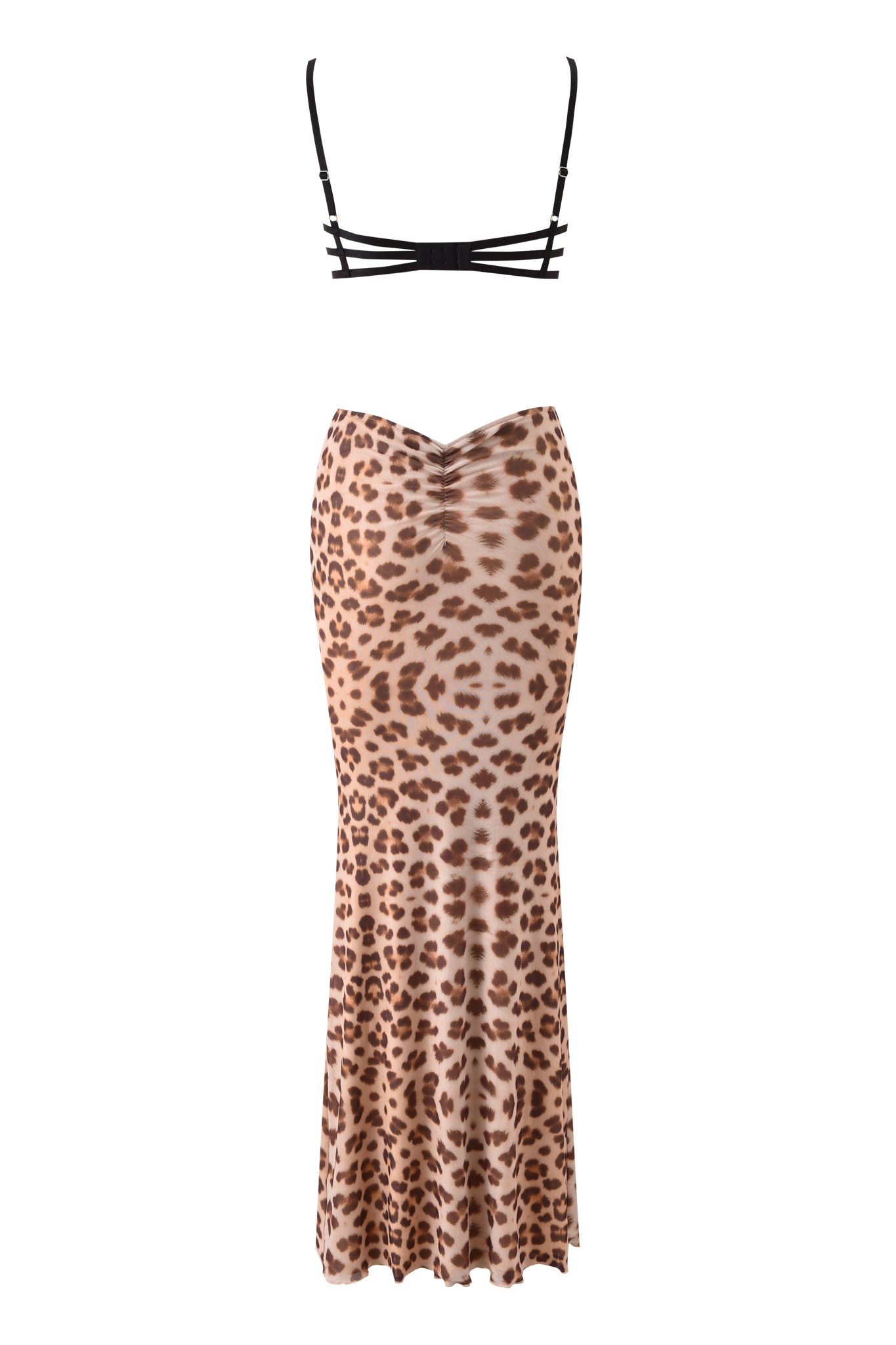 The I.AM.GIA SILO MAXI DRESS - LEOPARD is a two-piece set with a black strappy crop top and a high-waisted, ankle-length leopard print skirt in brown and beige tones.