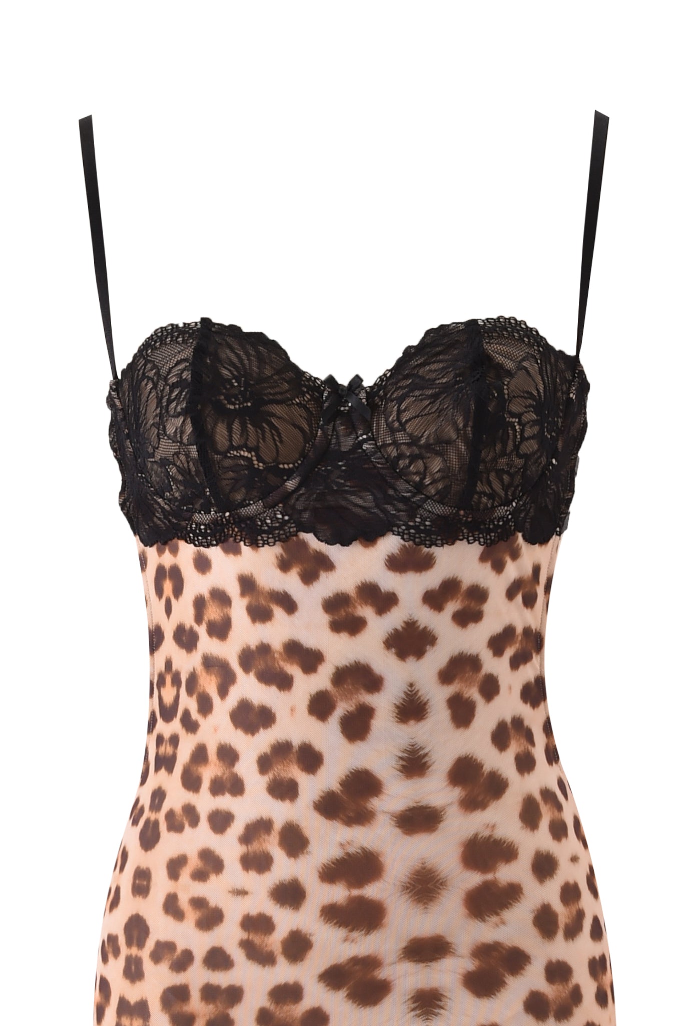 The I.AM.GIA SILO MAXI DRESS - LEOPARD features a leopard print with black lace cups and thin black spaghetti straps, displayed against a white background.