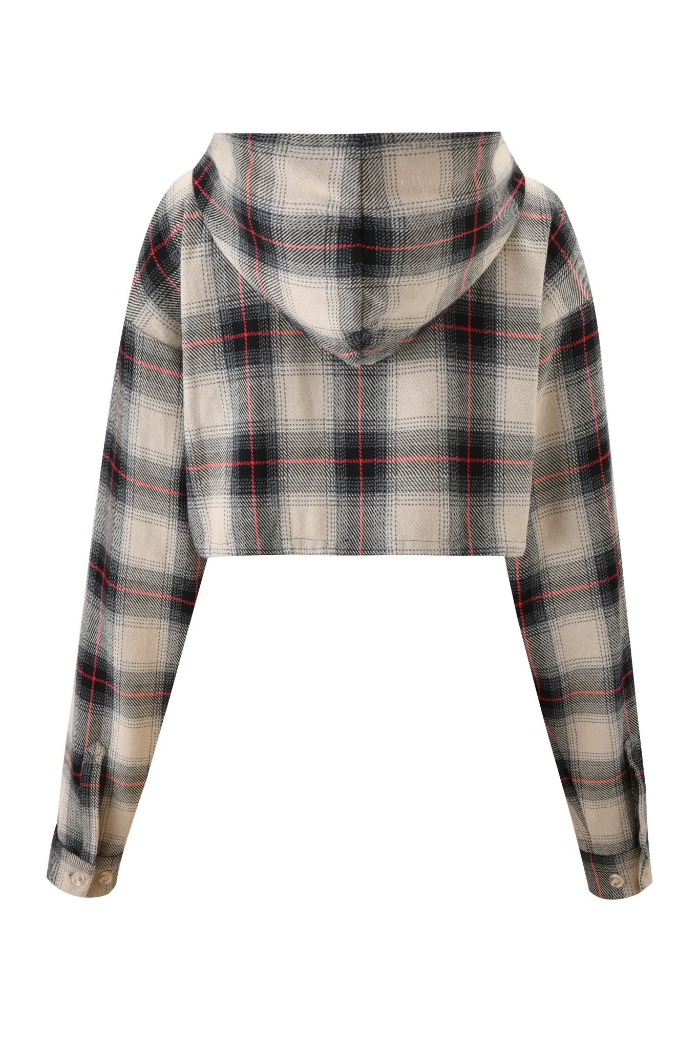 The I.AM.GIA TIFF JACKET - GREY PLAID is a cropped flannel with long sleeves, buttoned cuffs, and a grey plaid pattern. The image highlights the stylish back of this jacket.