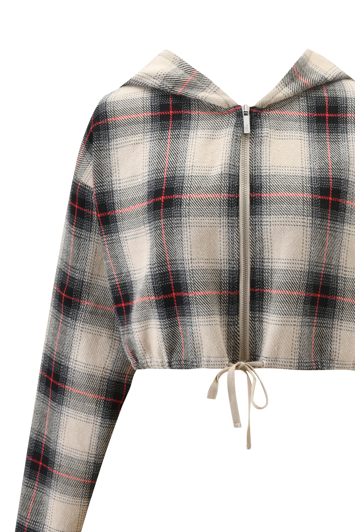 The TIFF JACKET - GREY PLAID by I.AM.GIA is a cropped, long-sleeve jacket in a grey plaid pattern, featuring a front zipper and an adjustable drawstring hem for a customizable fit.