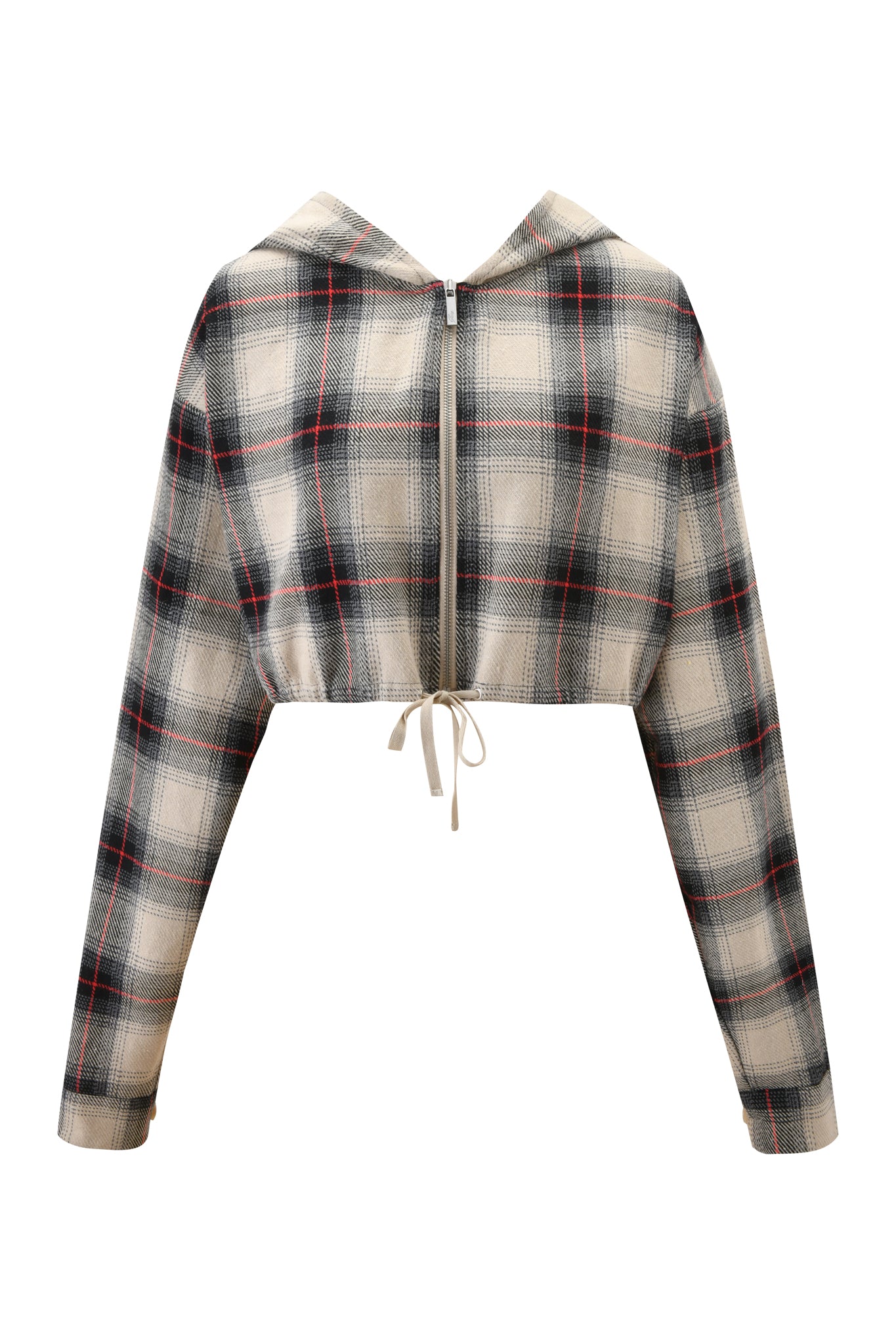 The TIFF JACKET - GREY PLAID by I.AM.GIA is a cropped, long-sleeve flannel jacket with a black, white, and red plaid pattern. It features a grey hood, front zipper, and waist drawstring for an adjustable fit.