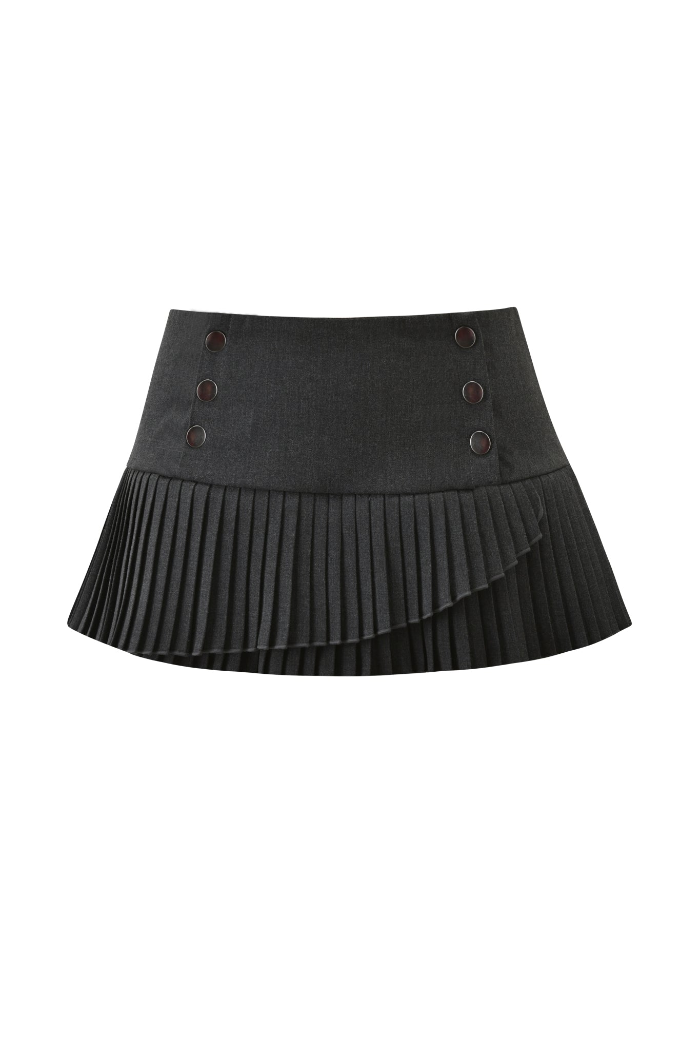 The I.AM.GIA KERRA SKORT in charcoal is a mini skort with pleated lower detailing and six black buttons in two columns on the upper front.