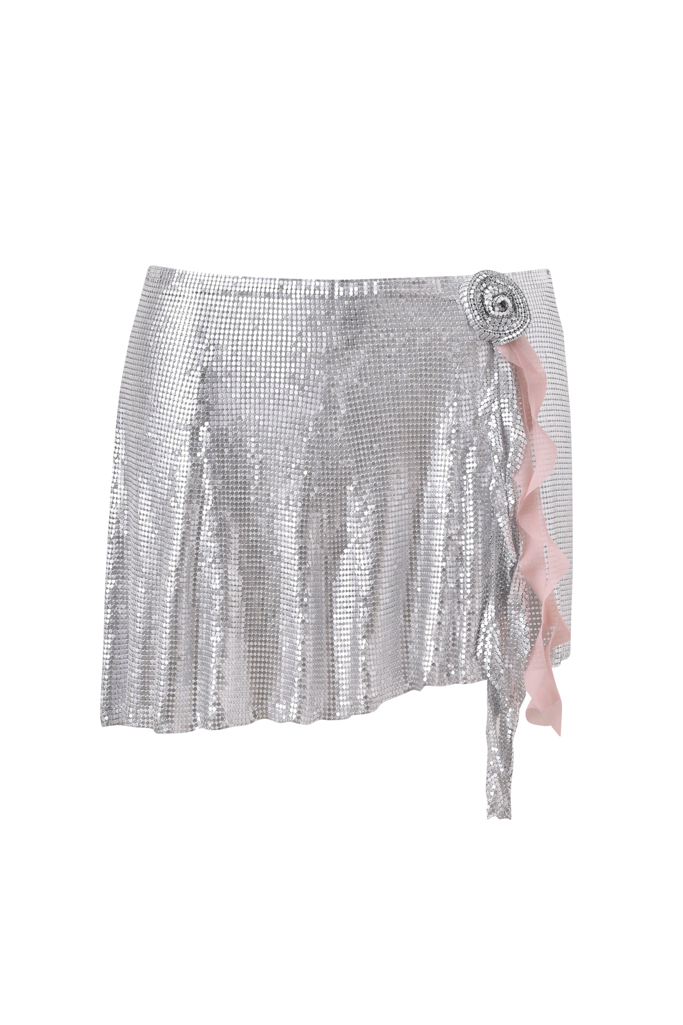 The I.AM.GIA MILANA MINI SKIRT - SILVER is a shiny metallic mesh mini skirt with an asymmetrical hem, finished with a decorative silver rosette and a pink ruffled ribbon on the side.