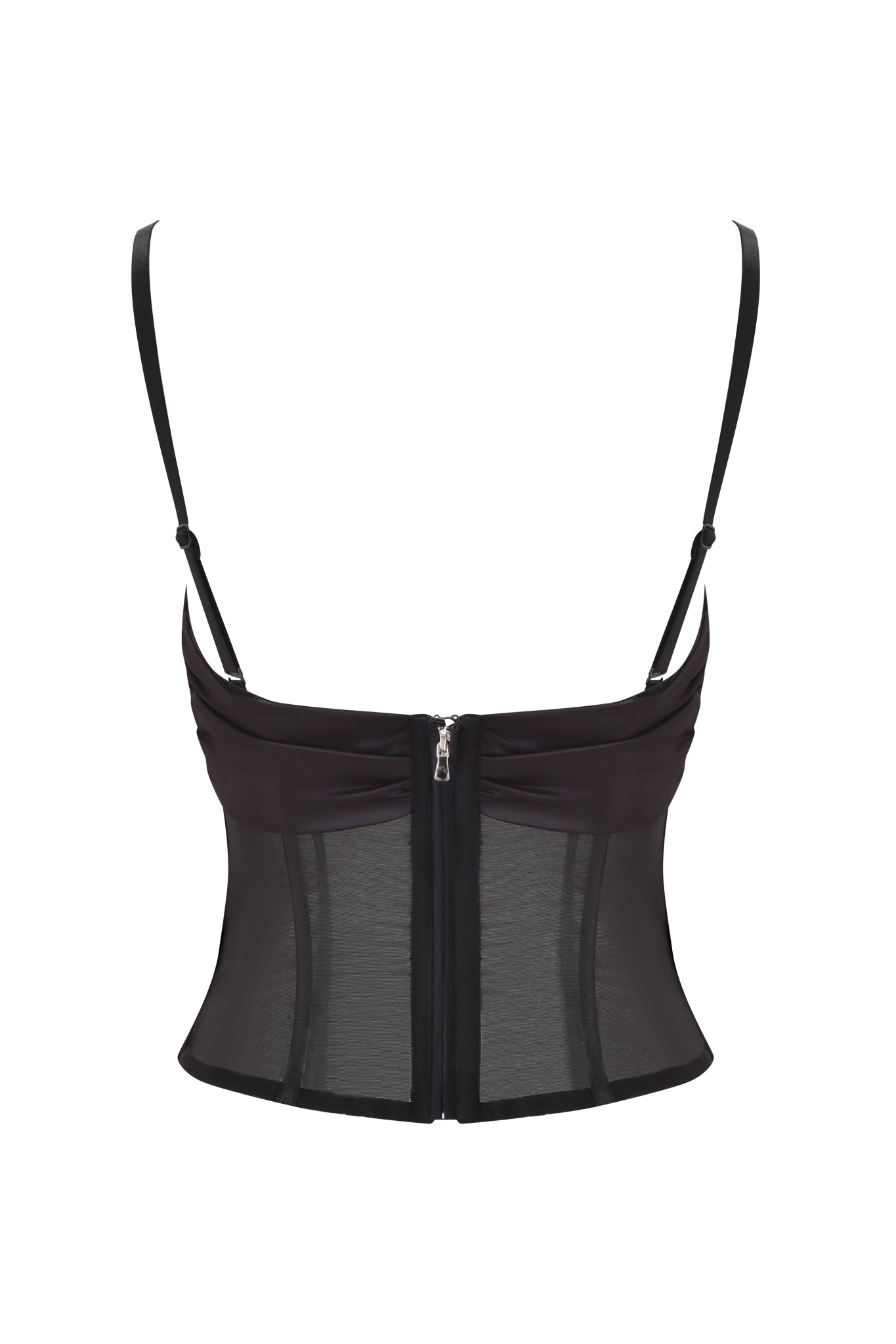 The LIVY CORSET - BLACK by I.AM.GIA features a sleek black mesh design with adjustable spaghetti straps and a back zip closure, displayed against a white background.