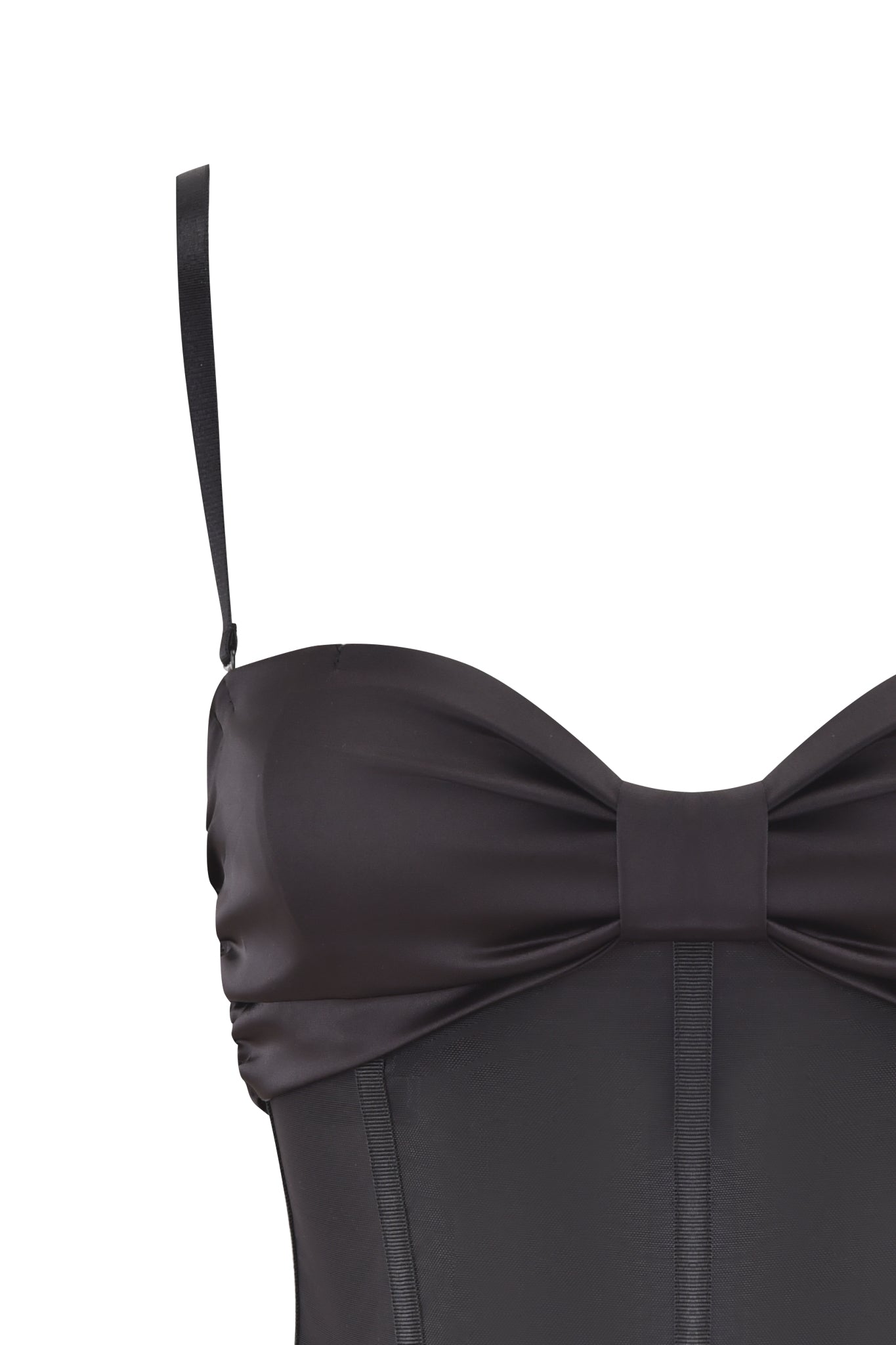 Close-up of the I.AM.GIA LIVY CORSET - BLACK featuring a large front satin bow, thin adjustable straps, and a sweetheart neckline.