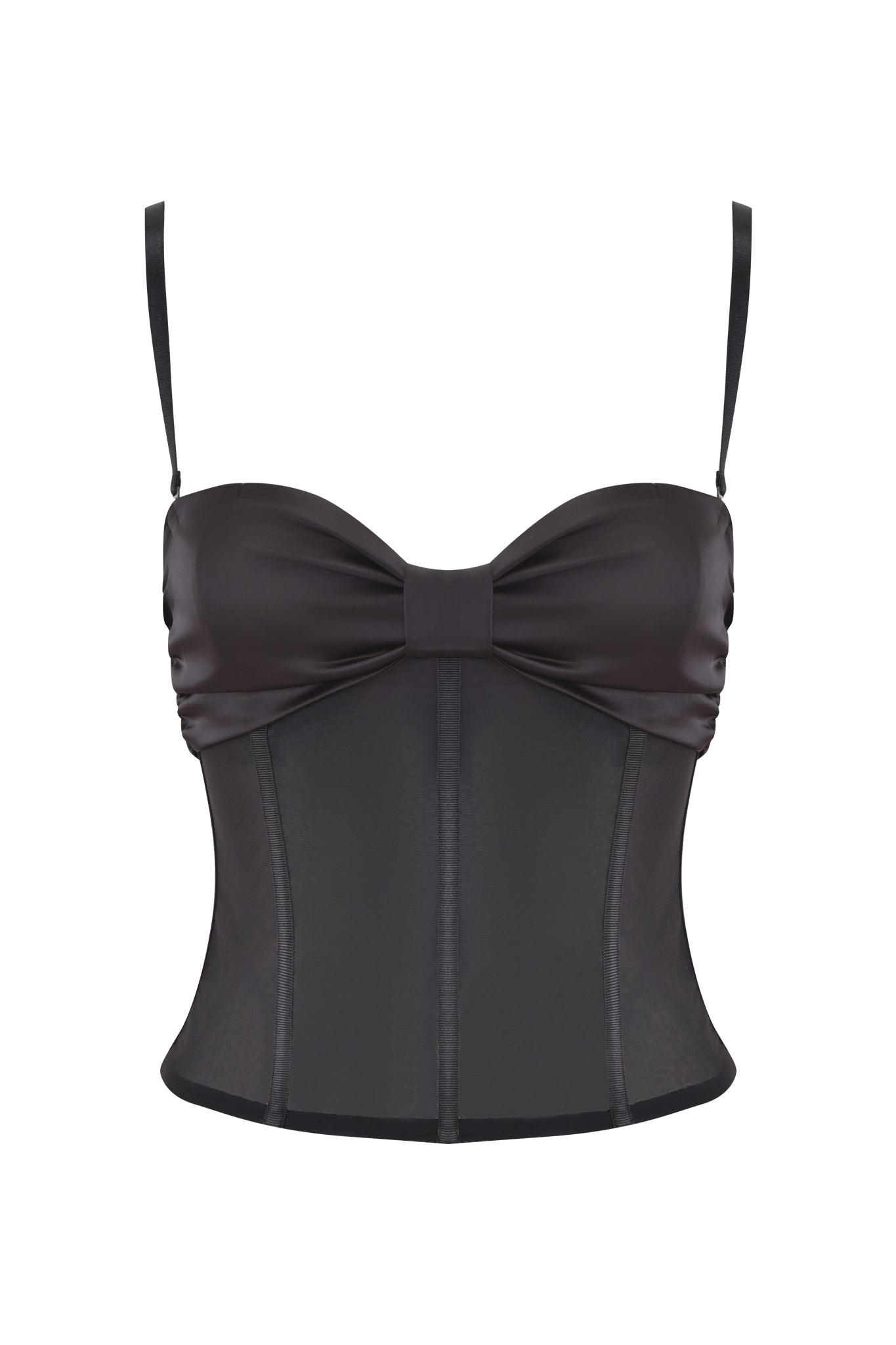 The LIVY CORSET - BLACK by I.AM.GIA is a black satin corset top with thin adjustable straps, a statement bow across the bust, and structured bodice. Photographed against a plain white background.