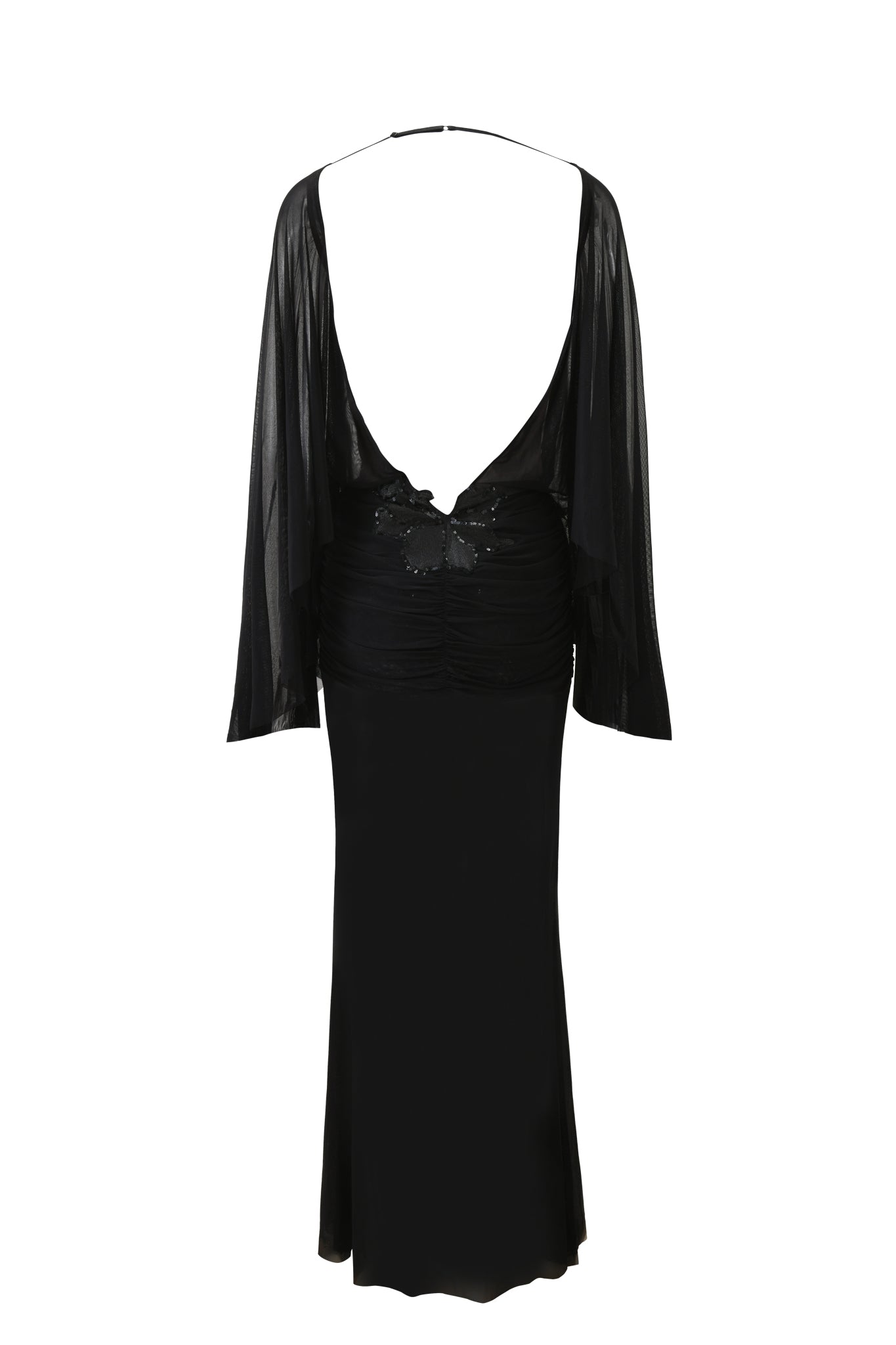 The ELARIA MAXI DRESS by I.AM.GIA features sheer, flowing sleeves, an open low back, and a ruched waist with butterfly detail. Sequin floral appliqué at the back adds elegance to this black maxi dress.