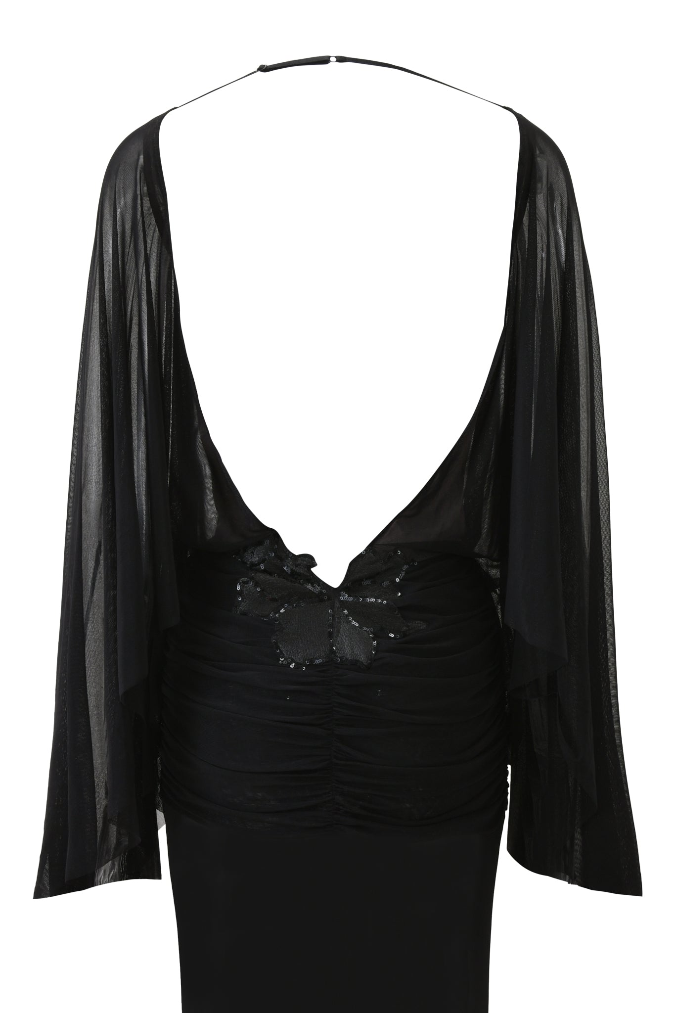The ELARIA MAXI DRESS - BLACK by I.AM.GIA features sheer, flowing sleeves, a deep open back with a butterfly-shaped sequin floral appliqué surrounded by sequins, and a ruched bodice for added detail.
