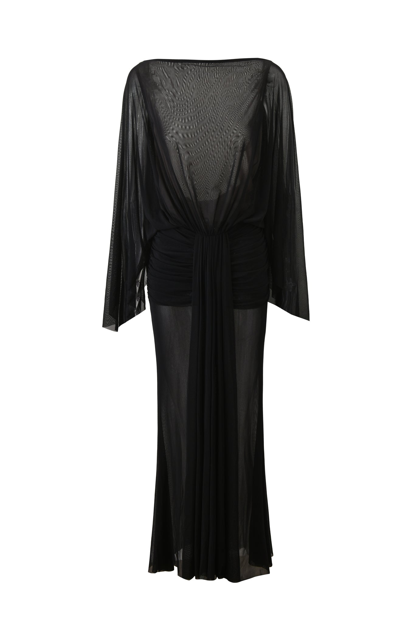 The I.AM.GIA ELARIA MAXI DRESS - BLACK is a sheer mesh, long-sleeve dress with a cinched waist, gathered fabric details, and flowing draped panels for an effortlessly elegant silhouette.