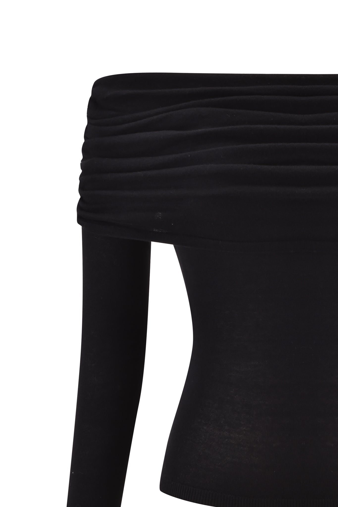 The I.AM.GIA VEYRA LONG SLEEVE TOP in black features an off-the-shoulder design with ruched detailing and a bodycon silhouette, shown close-up on a white background.