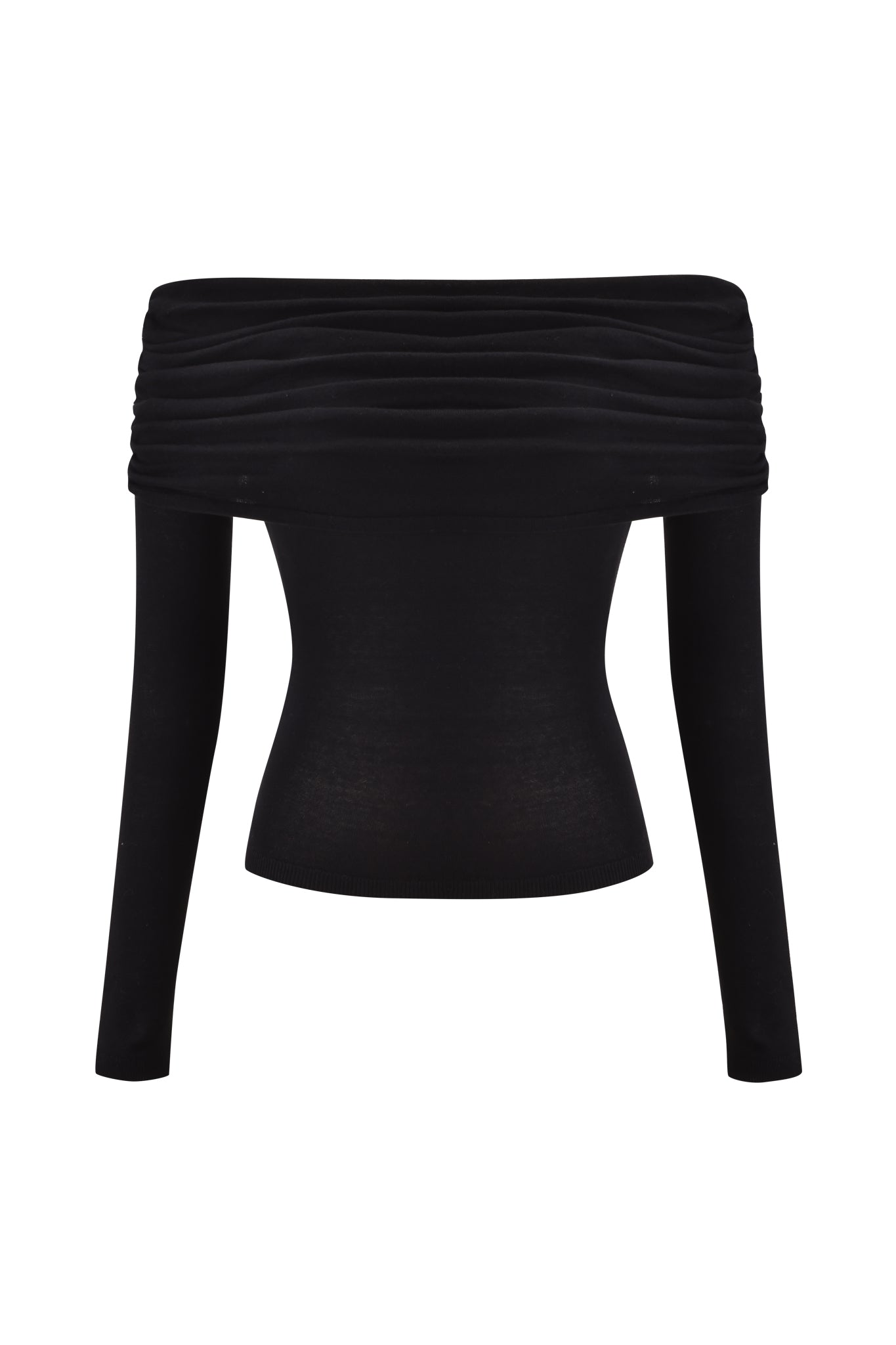 The VEYRA LONG SLEEVE TOP - BLACK by I.AM.GIA features an off the shoulder design, long sleeves, and ruching along the neckline. Crafted from stretchy, fitted fabric, this sleek bodycon top stands out against a plain white background.
