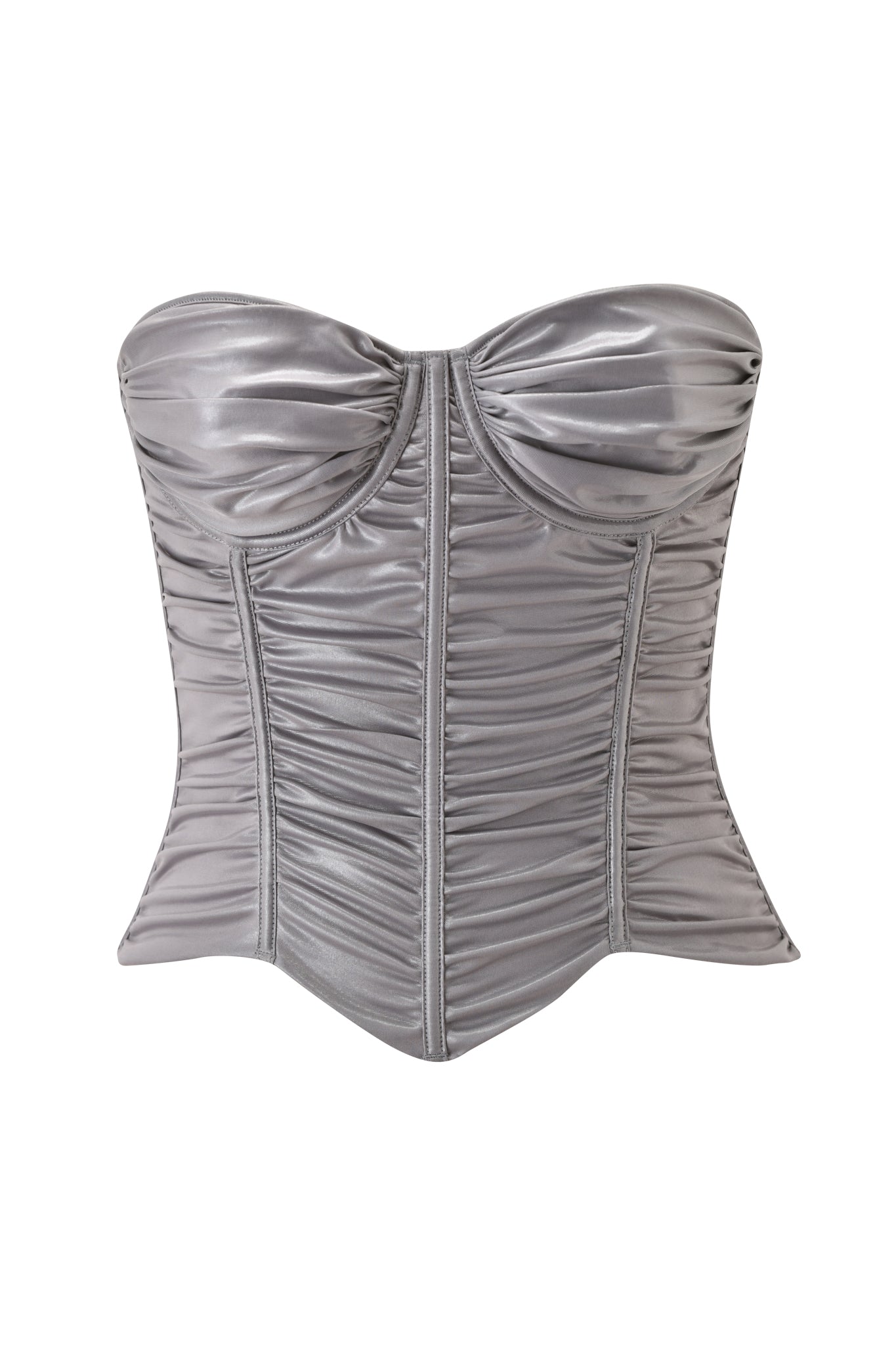 The VALE CORSET by I.AM.GIA is a silver strapless satin top with ruched details, visible seams, structured cups, a fitted hourglass shape, and chic wet-look jersey corset style.