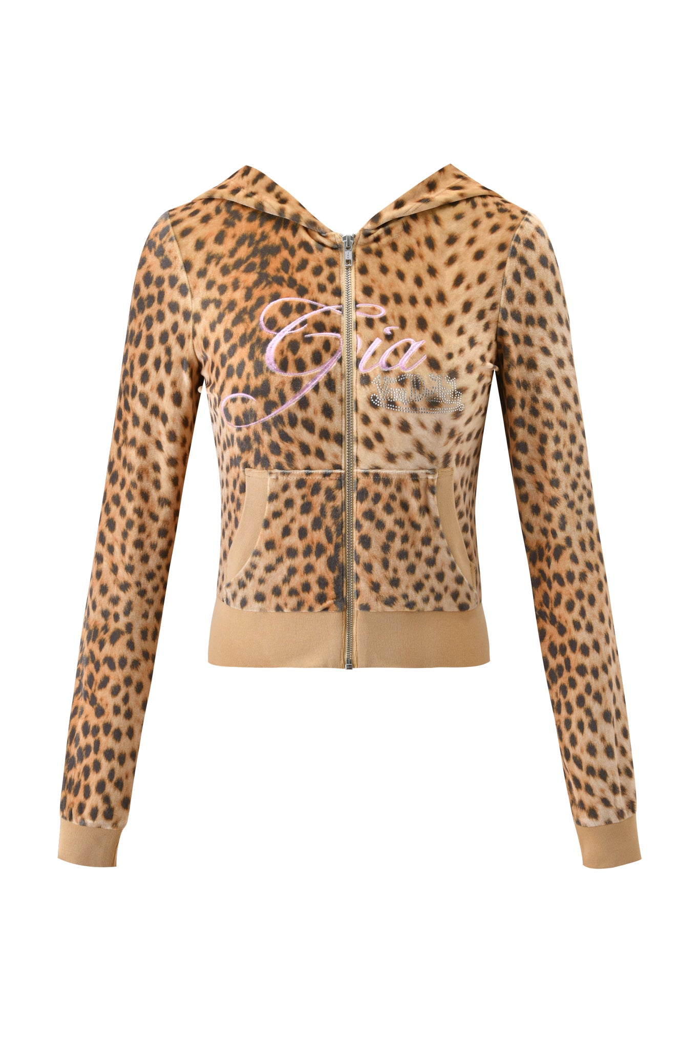The I.AM.GIA x Von Dutch Kameron Velour Jacket in leopard print features a chic brown and black pattern, two front pockets, and “Gia” in pink cursive on the chest—perfect for bold street style.