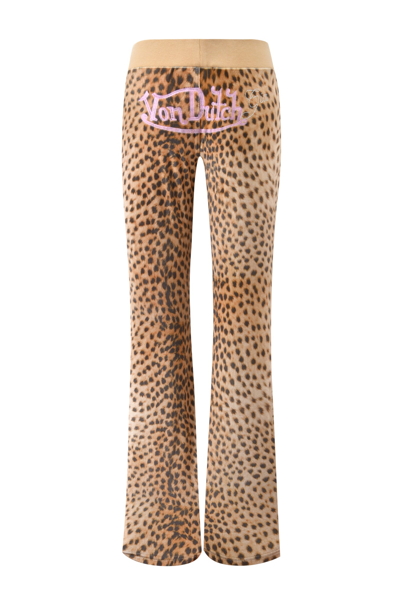 The I.AM.GIA X VON DUTCH KAMERON VELOUR TRACKPANT in leopard features a tan waistband and pink "Von Dutch" cursive on the back. These low-rise velour pants by I.AM.GIA are shown against a white background.