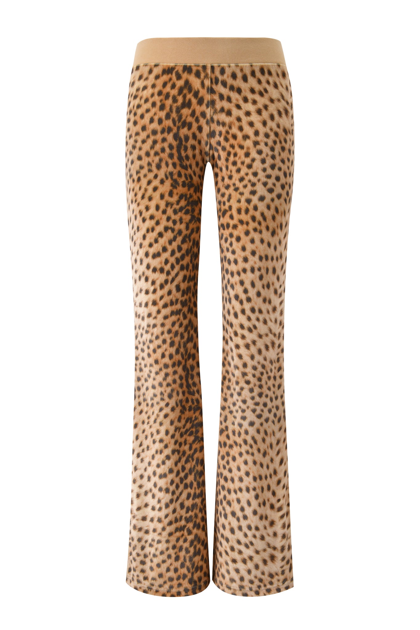 The I.AM.GIA X VON DUTCH KAMERON VELOUR TRACKPANT - LEOPARD features a high-waisted, flared silhouette and tan and black leopard print, shown from the back against a white background.