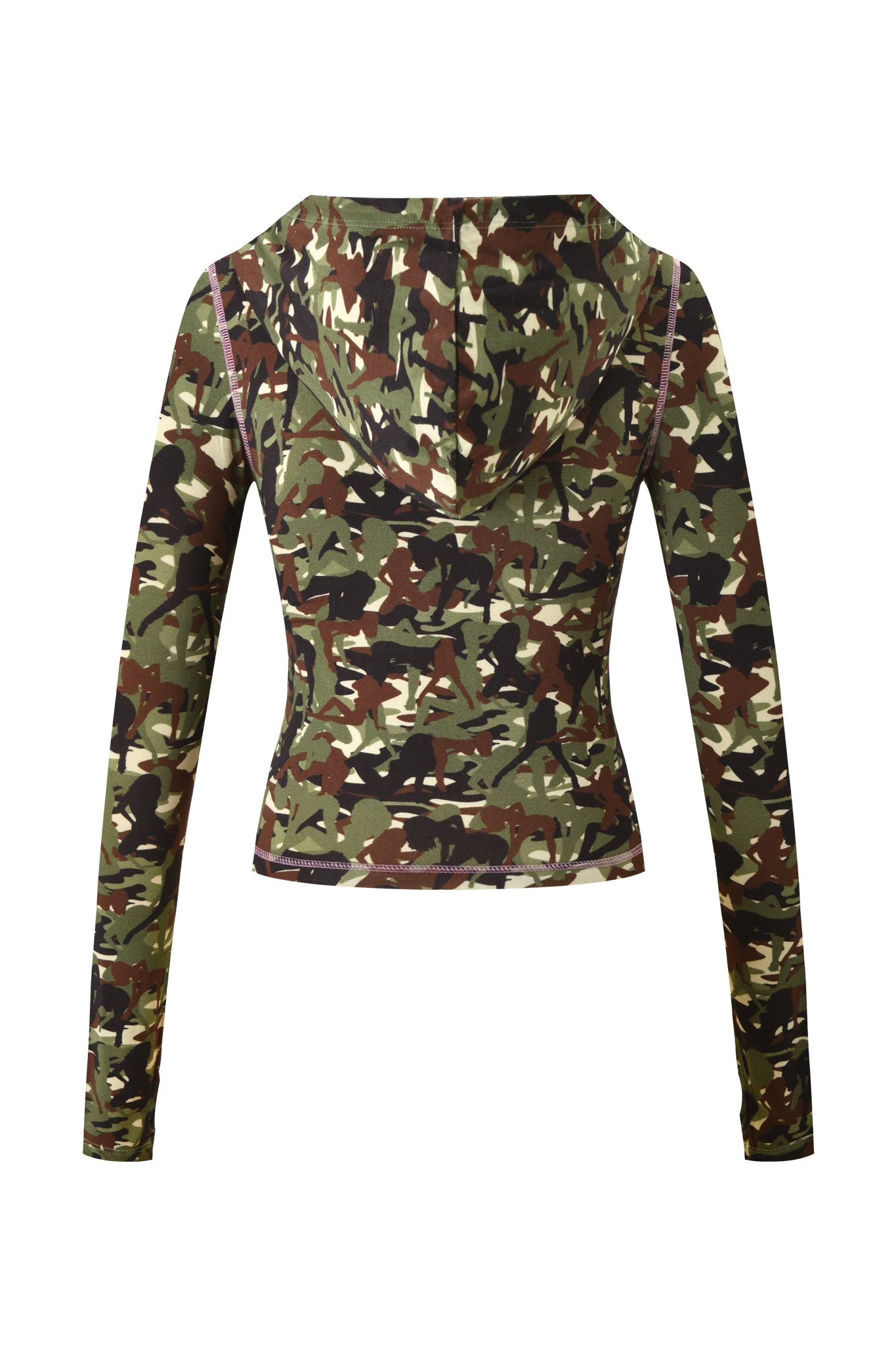 Back view of the I.AM.GIA X VON DUTCH BLARE HOODIE - GIA GIRL CAMO, a fitted women’s cropped hoodie in green, brown, and black camo with visible seam stitching, made from soft bamboo for comfort by I.AM.GIA.
