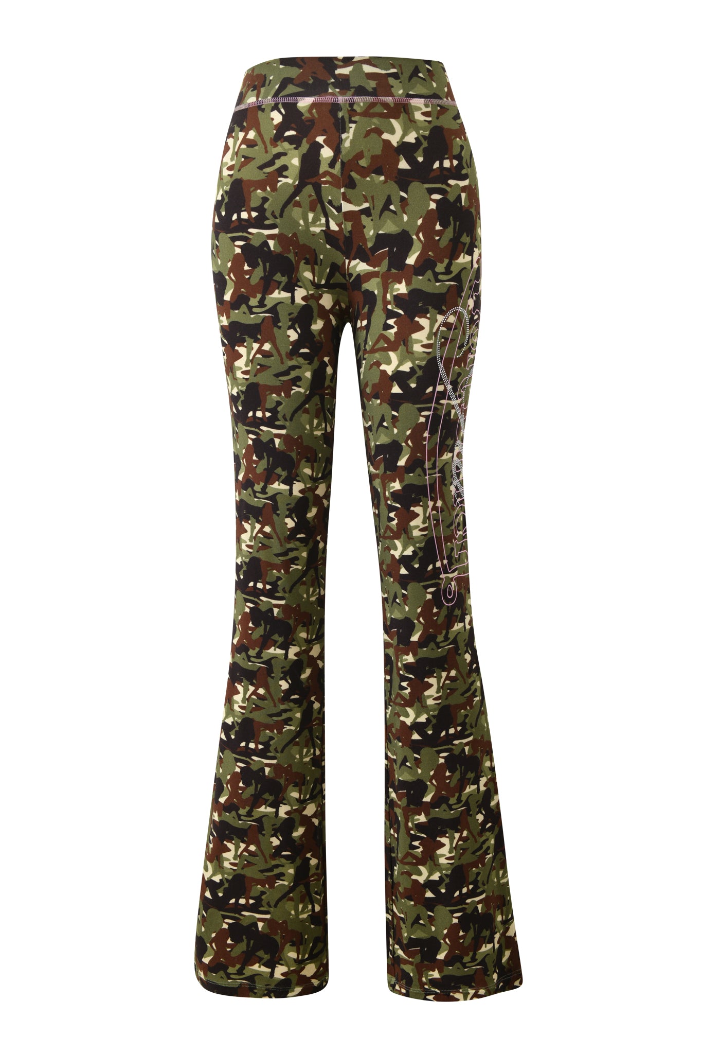 The I.AM.GIA X VON DUTCH BLARE TRACKPANT - GIA GIRL CAMO features a high-waisted, flared fit in green, brown, and black camo with a white graphic on the right leg, crafted from soft bamboo fabric.