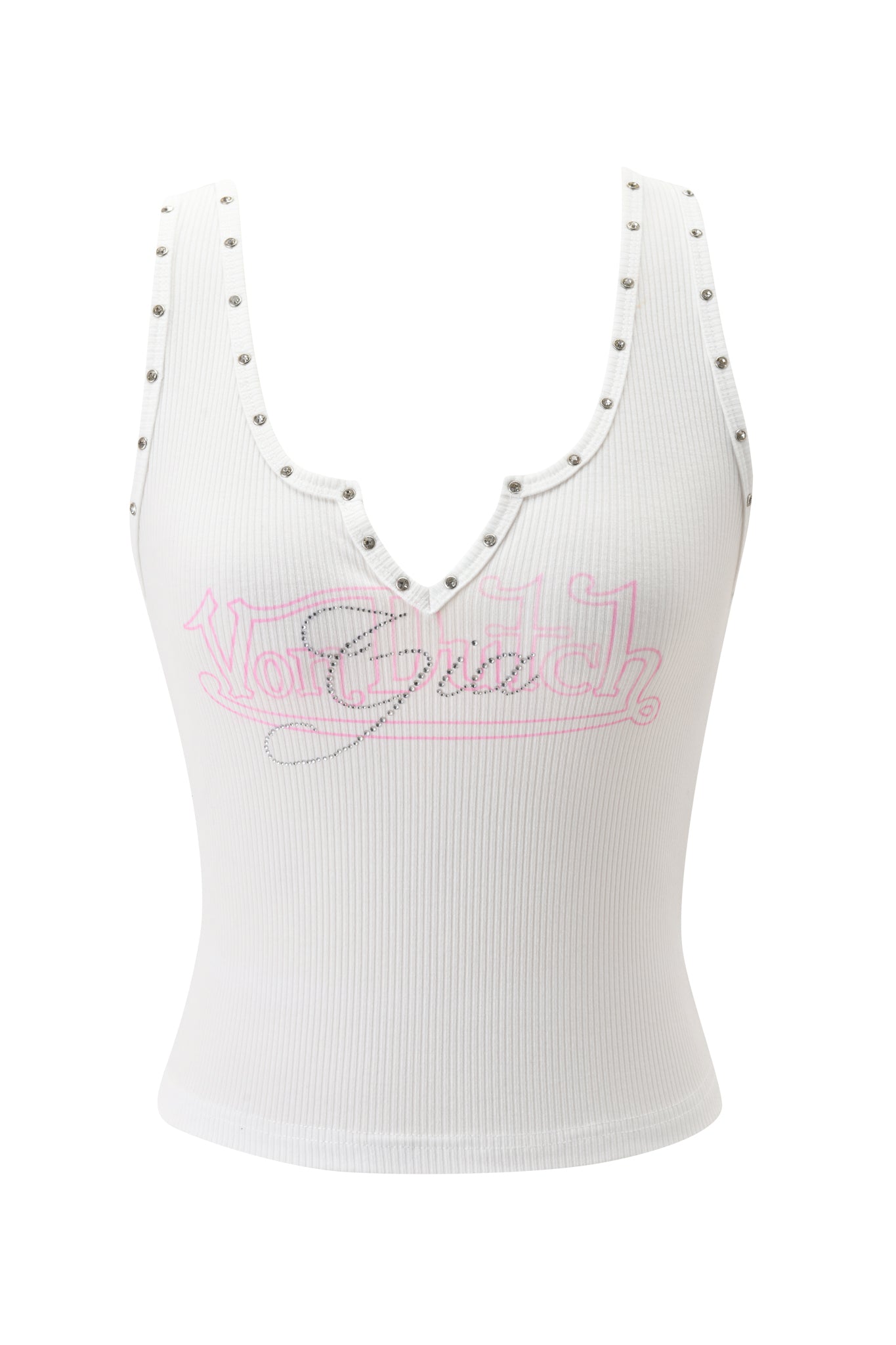 The I.AM.GIA X VON DUTCH Volti Top in white is a rib knit tank with a deep V-neckline, silver studs at the edges, and a pink "Juicy" diamanté logo on the chest.