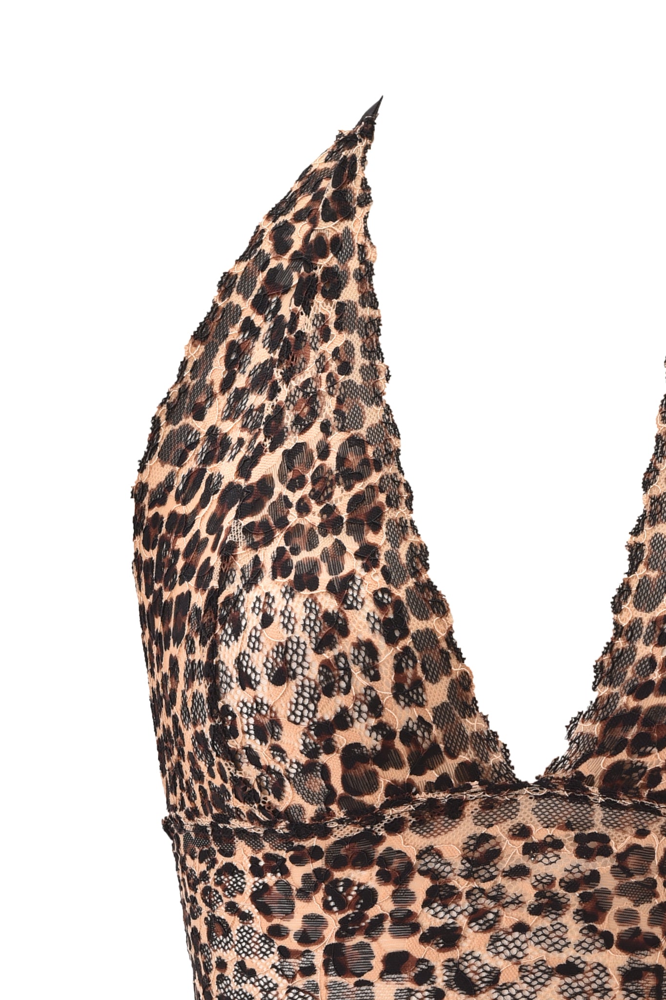 Close-up of the I.AM.GIA GEM HALTER TOP - LEOPARD, featuring a leopard print, lace trim, and deep V-neckline, showcasing detailed texture and pattern against a plain white background.