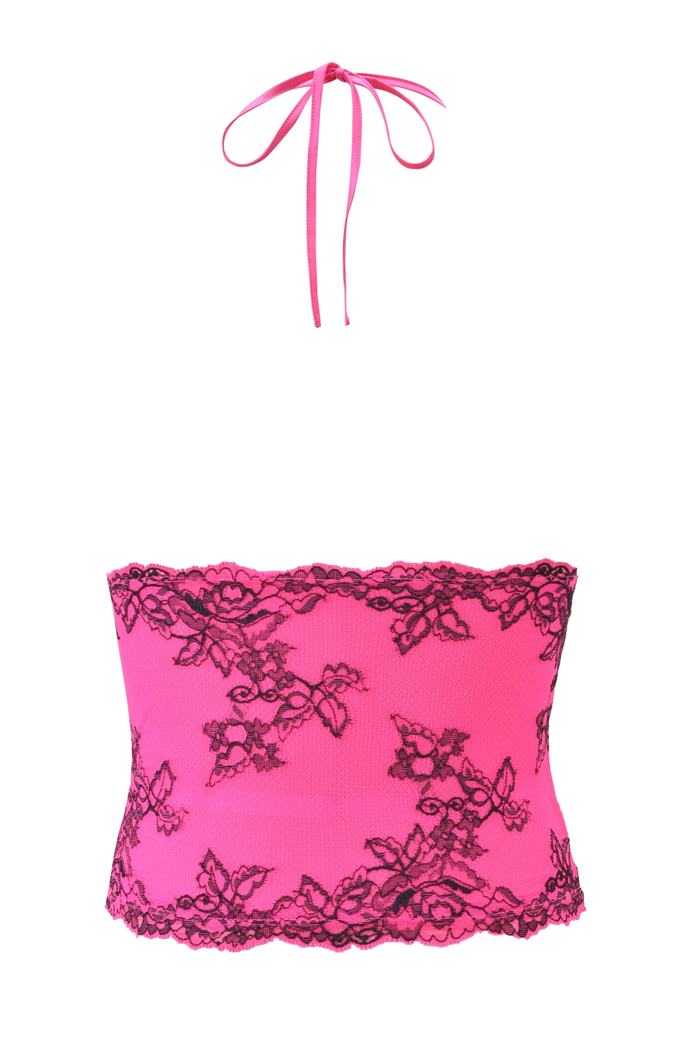 The I.AM.GIA GEM HALTER TOP in hot pink is a bandeau with black floral lace, scalloped lace trim at the top and bottom, plus a matching neck tie for an elegant finish.