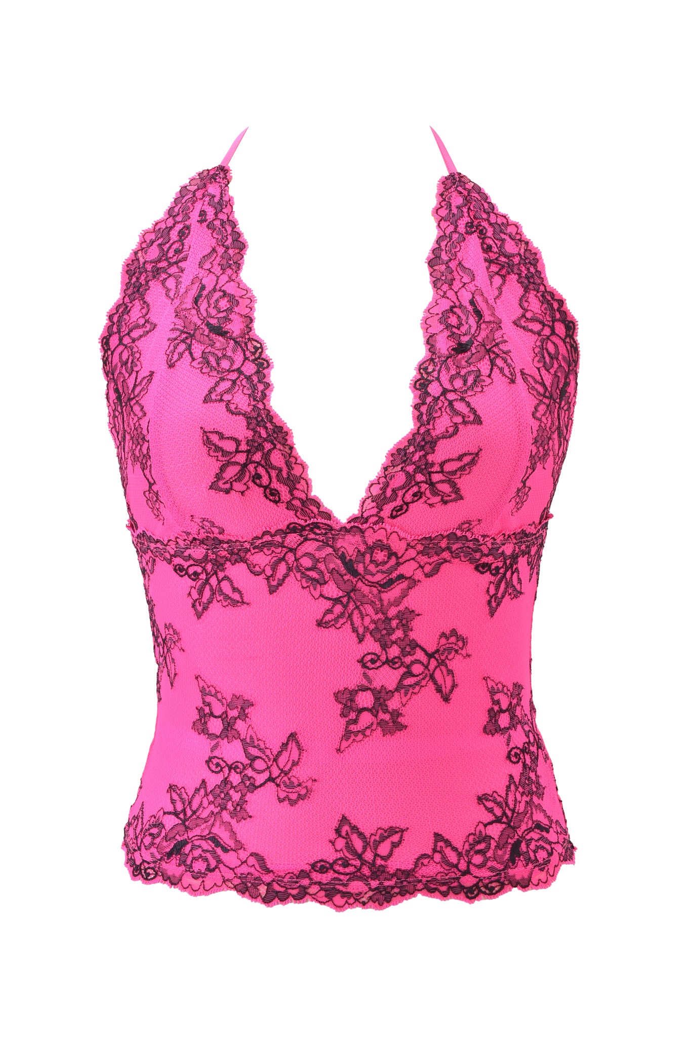 The GEM HALTER TOP - HOT PINK by I.AM.GIA is a fitted, sleeveless halter top with black floral lace detailing, deep V neckline, and scalloped trim. Crafted from sheer lace fabrication for a bold, striking look.