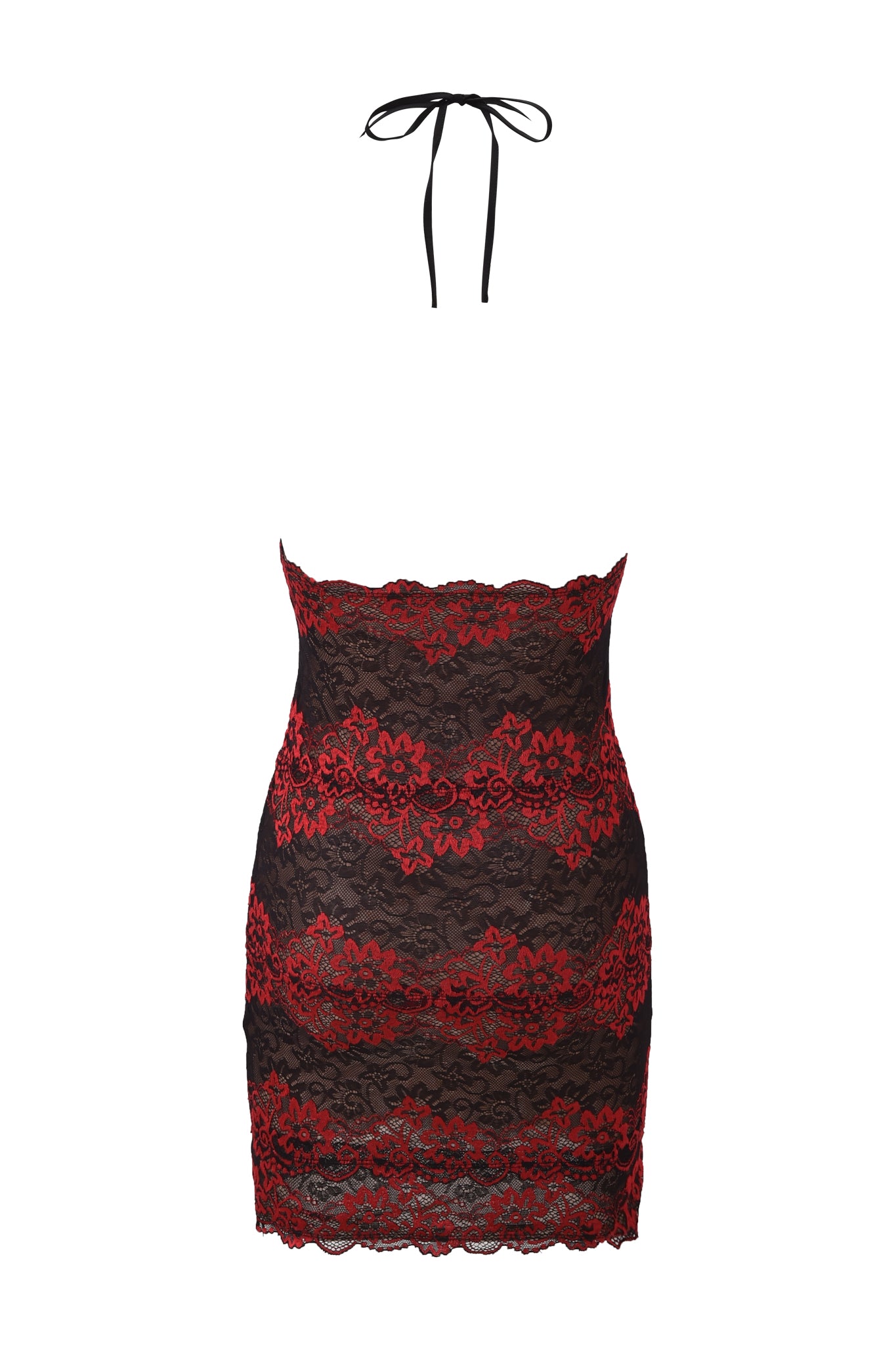 Make a statement in the I.AM.GIA GEM MINI DRESS—featuring black and red lace, a strapless bodycon silhouette, scalloped hemline, bold red florals, and a chic black halter neck tie.