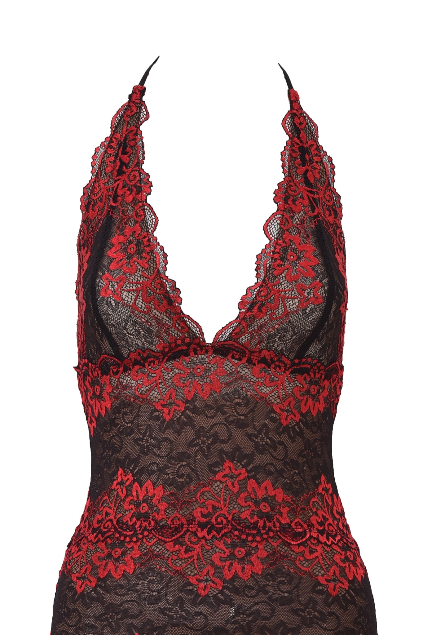 A close-up of the I.AM.GIA GEM MINI DRESS shows its sheer black and red lace with red floral accents, a deep V-neckline, and intricate patterns.