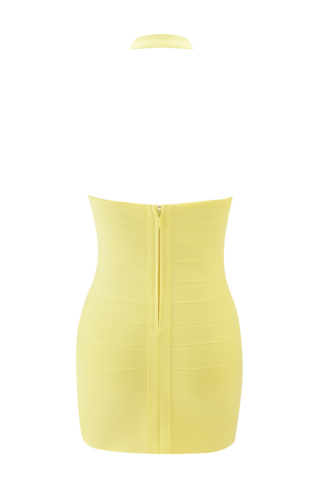 The AIDEN BANDAGE MINI DRESS by I.AM.GIA, in baby yellow, features a strapless fitted design with horizontal paneling, a visible center zipper at the back, and a matching neck strap above the dress.