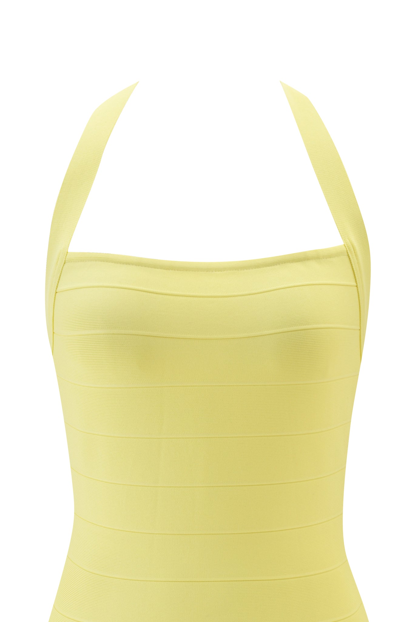 The I.AM.GIA AIDEN BANDAGE MINI DRESS in baby yellow is a bodycon mini dress with a halter-neck, structured fitted bodice, square neckline, and horizontal seam details, shown close-up against a white background.