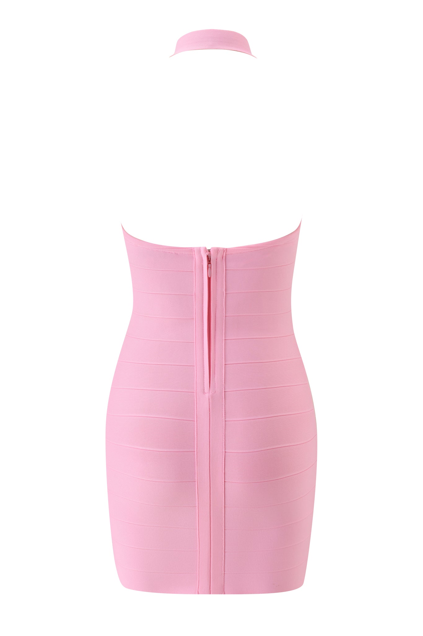 The I.AM.GIA AIDEN BANDAGE MINI DRESS in pink features a strapless design, halter neck strap, and visible back zipper, displayed on a plain white background.