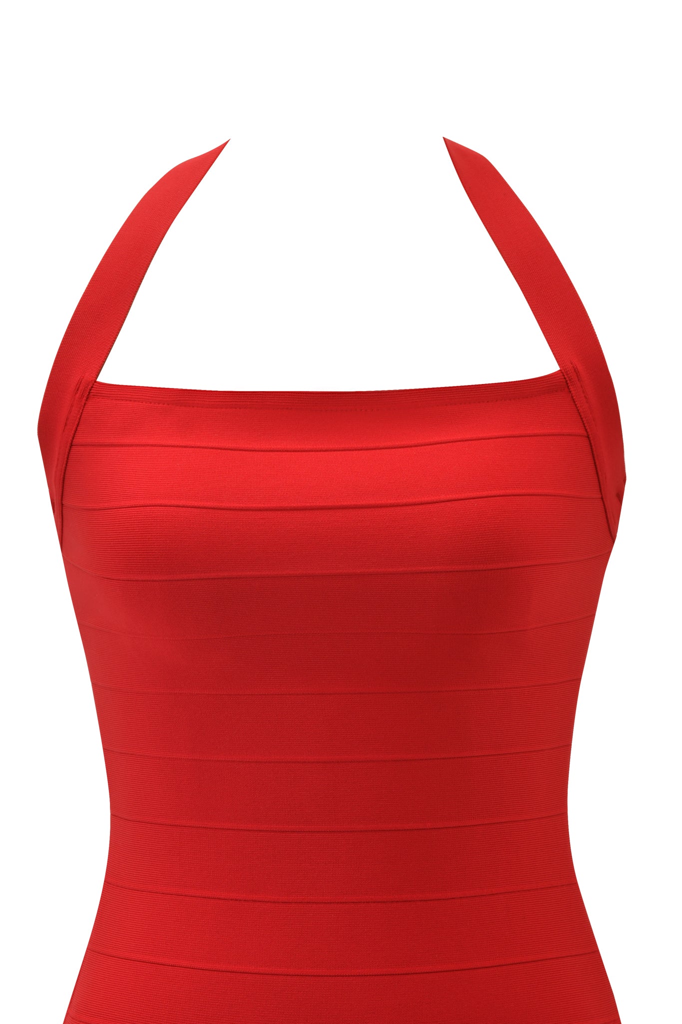 A close-up of the I.AM.GIA AIDEN BANDAGE MINI DRESS in red, featuring a sleeveless, form-fitting silhouette, halter neckline, and horizontal seam detailing. Shown on a white background with no head or arms visible.