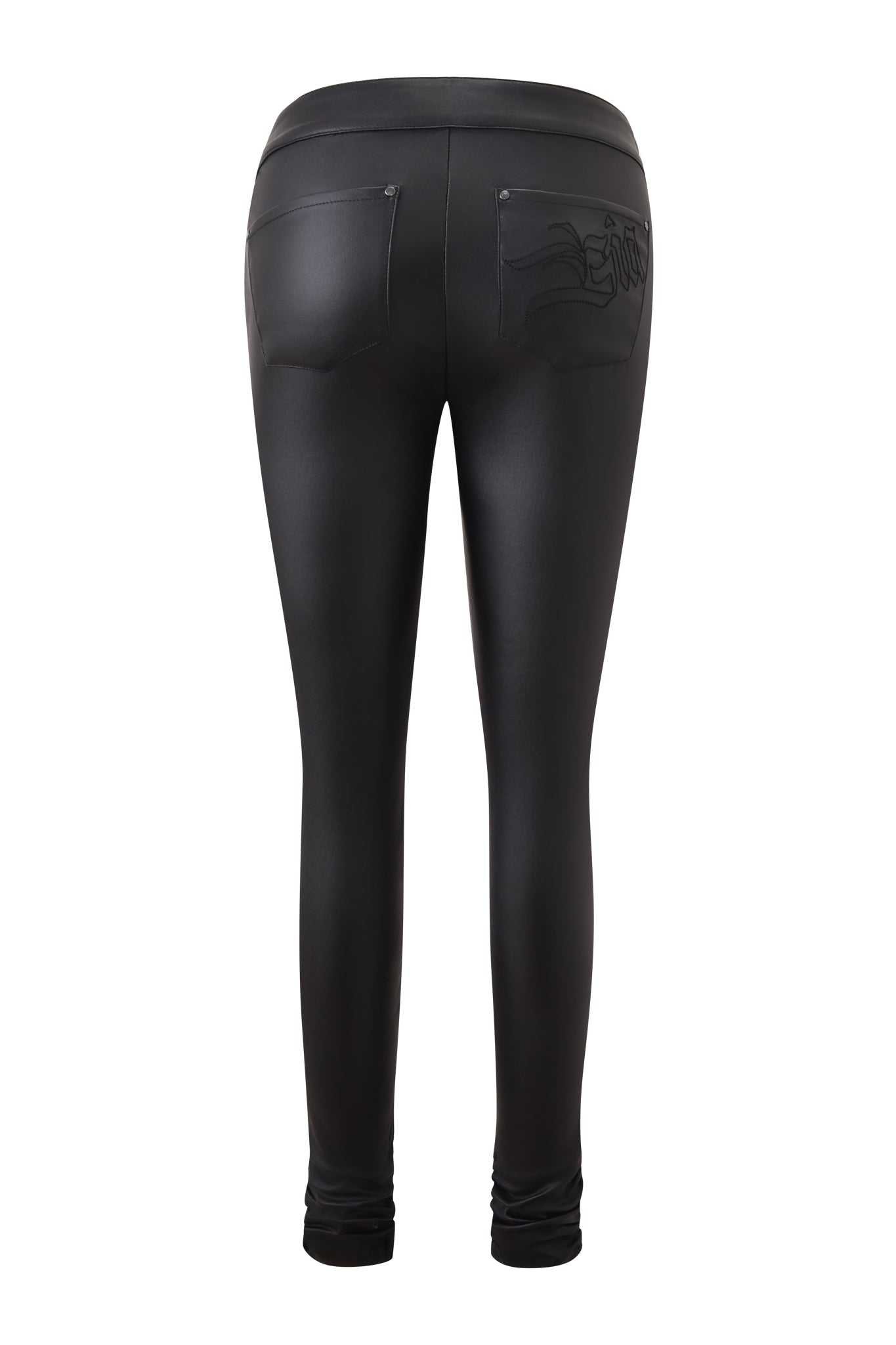 Back view of the I.AM.GIA JETT PANT - BLACK: shiny, form-fitting leggings with a waxed finish and two back pockets, including an embossed design on the right. Shown against a white background.