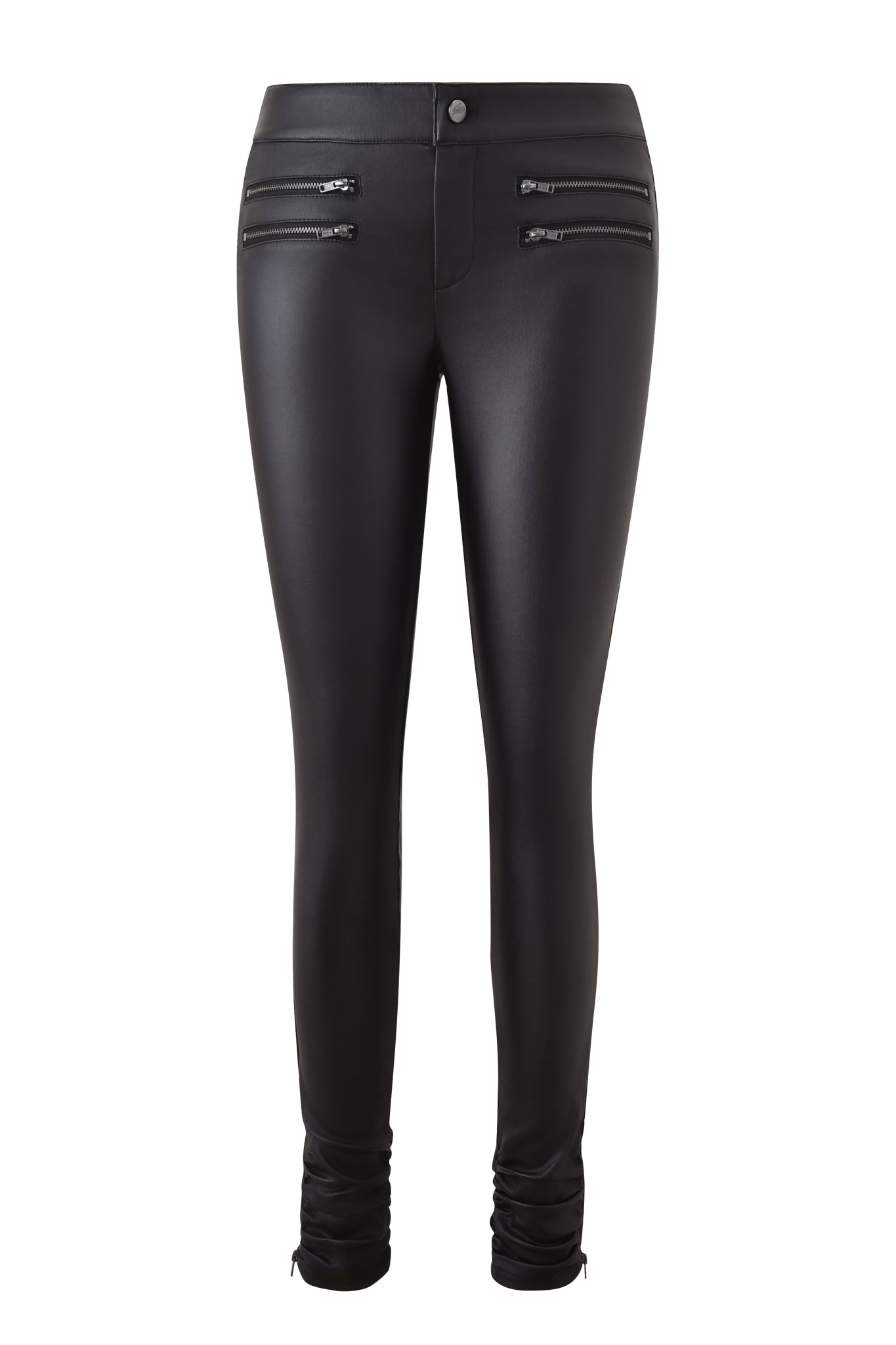The I.AM.GIA JETT PANT - BLACK features a high waist, black waxed finish, four front horizontal zippers, and ankle ruching, shown on a white background.