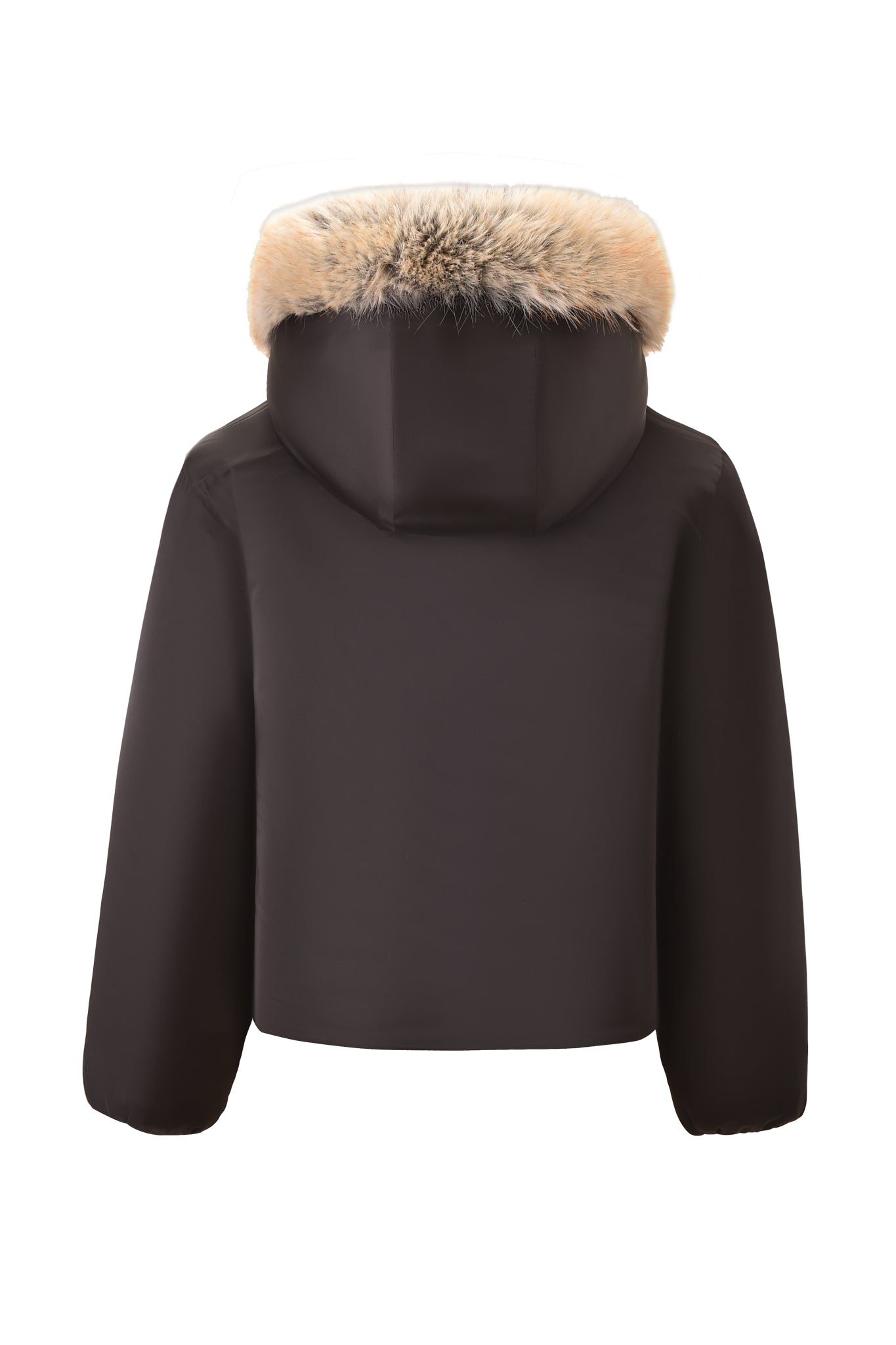 The EVEREST REVERSIBLE JACKET - BROWN by I.AM.GIA features long sleeves, a cropped cut, an oversized hood with light brown faux fur trim, and is shown from the back against a white background.