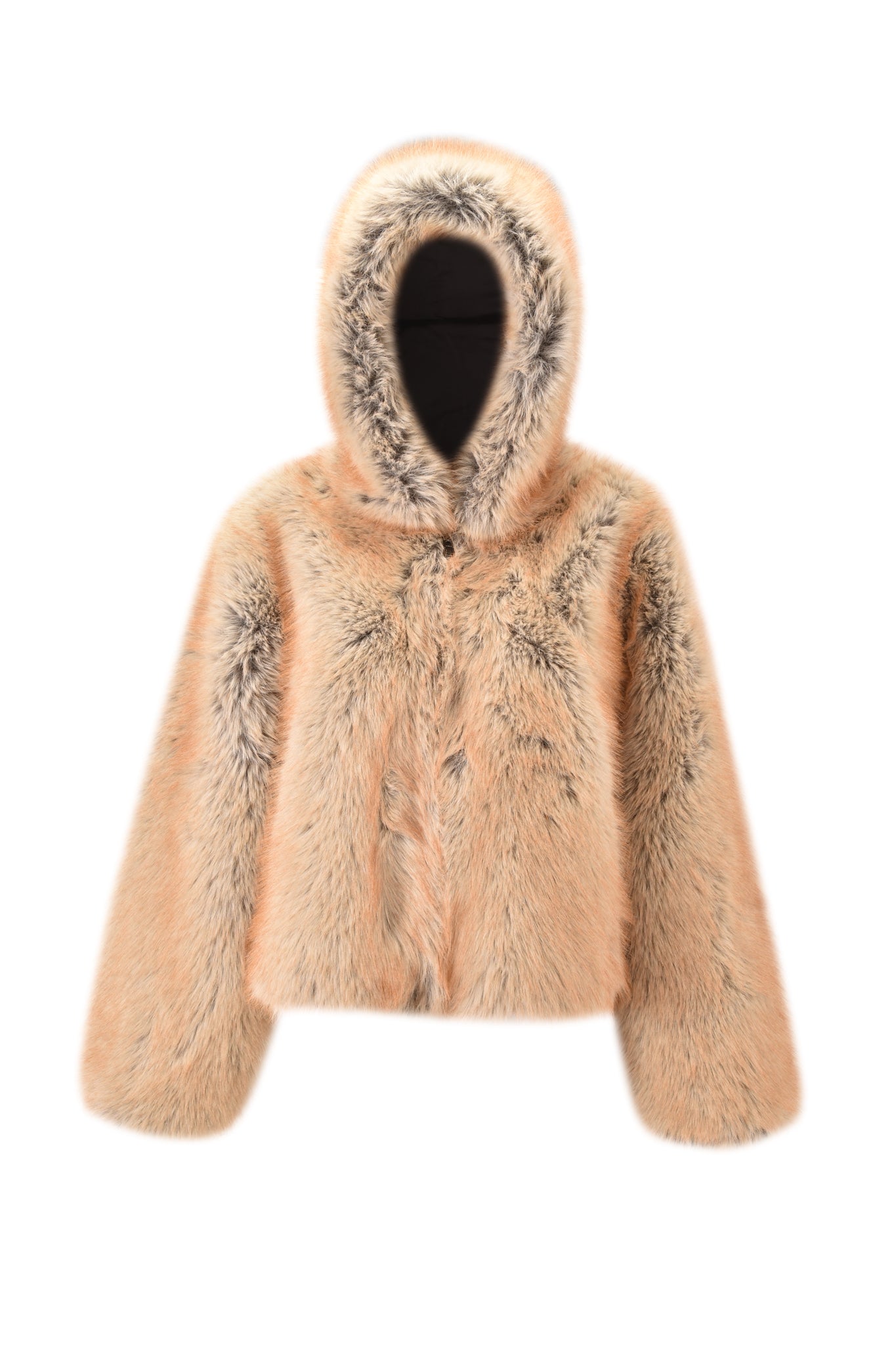 The I.AM.GIA EVEREST REVERSIBLE JACKET in brown is an oversized, hooded faux fur jacket with black and gray accents, long sleeves, and a plush texture, shown on a plain white background.